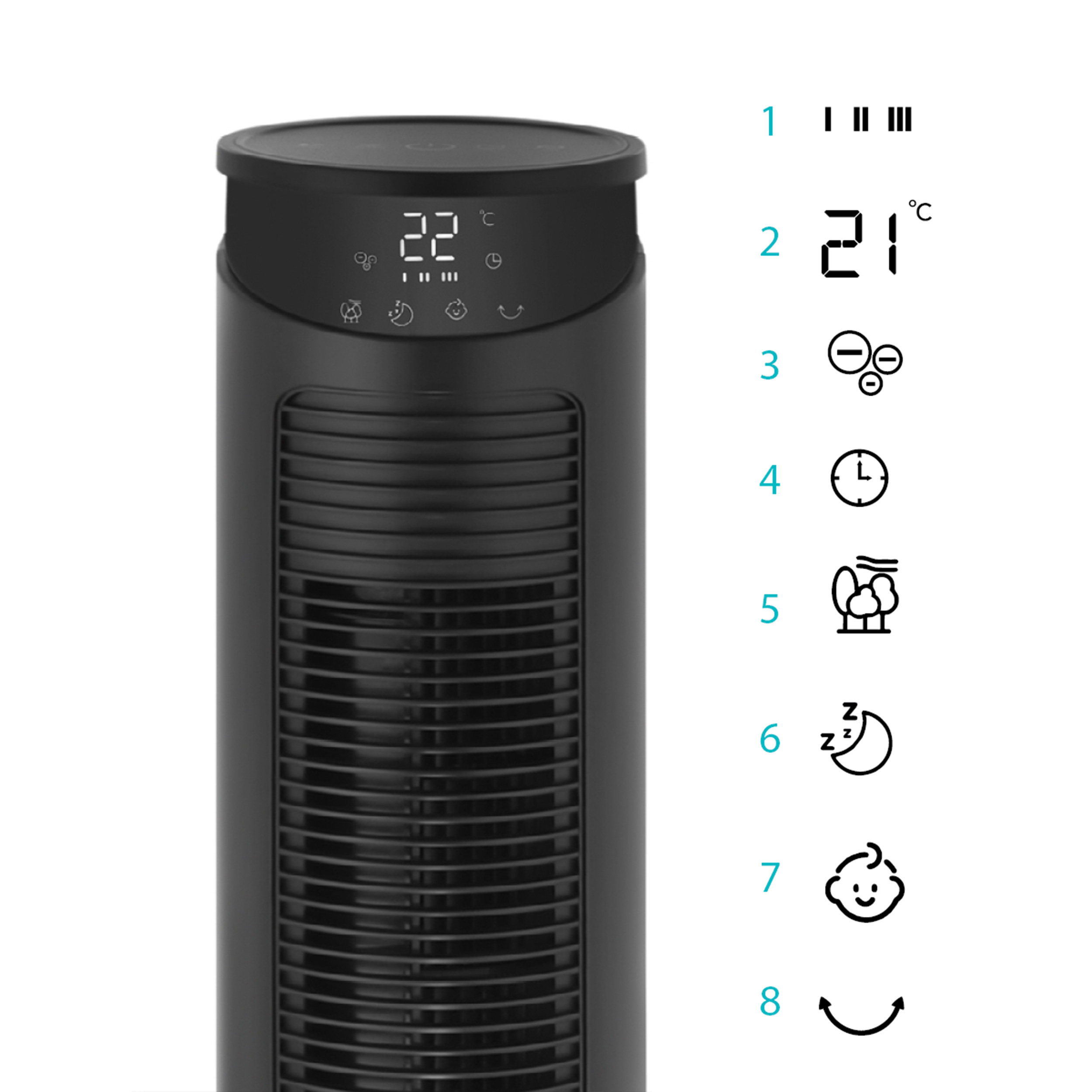 Czarny wentylator wieżowy z cyfrowym wyświetlaczem i ikonami.