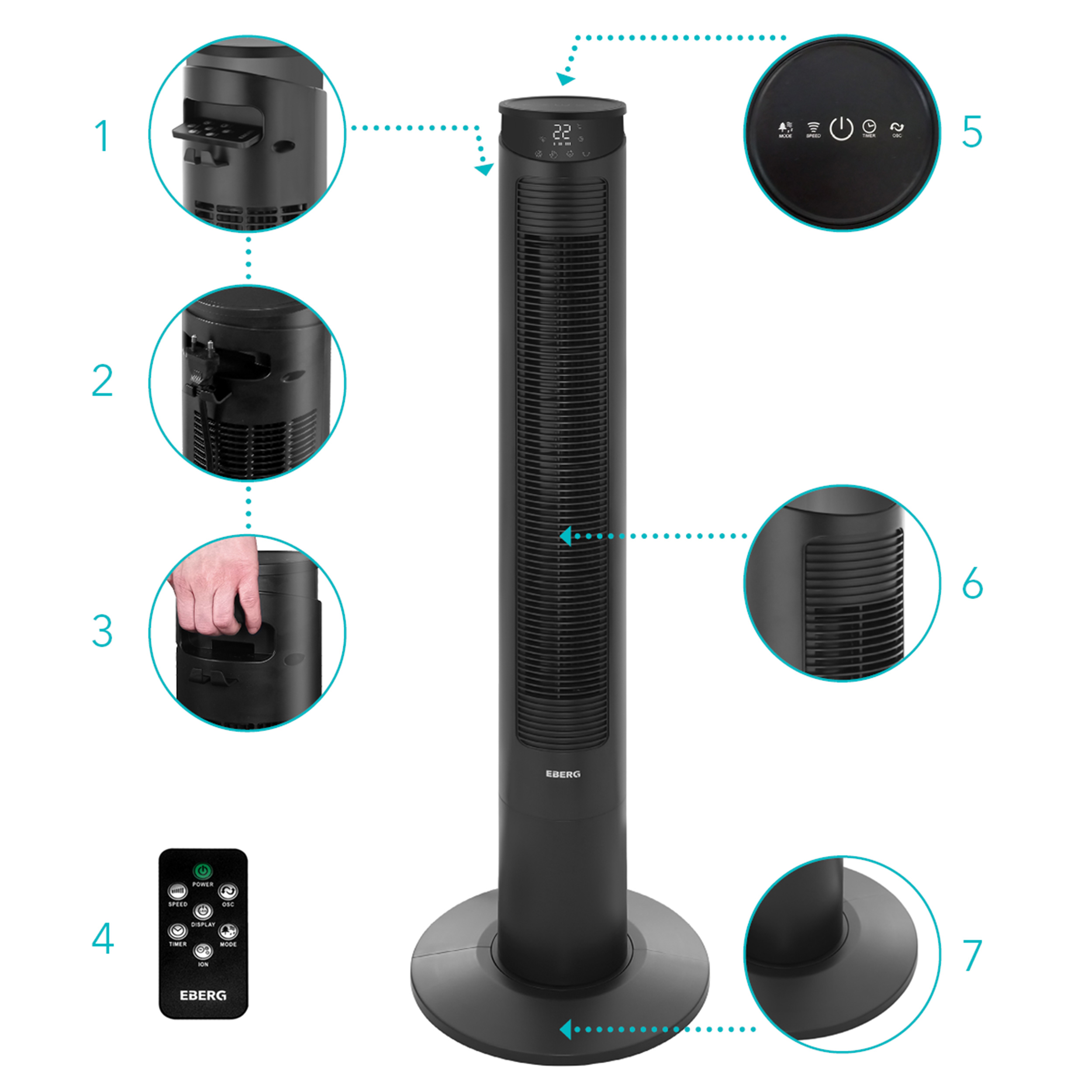 Czarny wentylator wieżowy z pilotem i zbliżeniami detali.