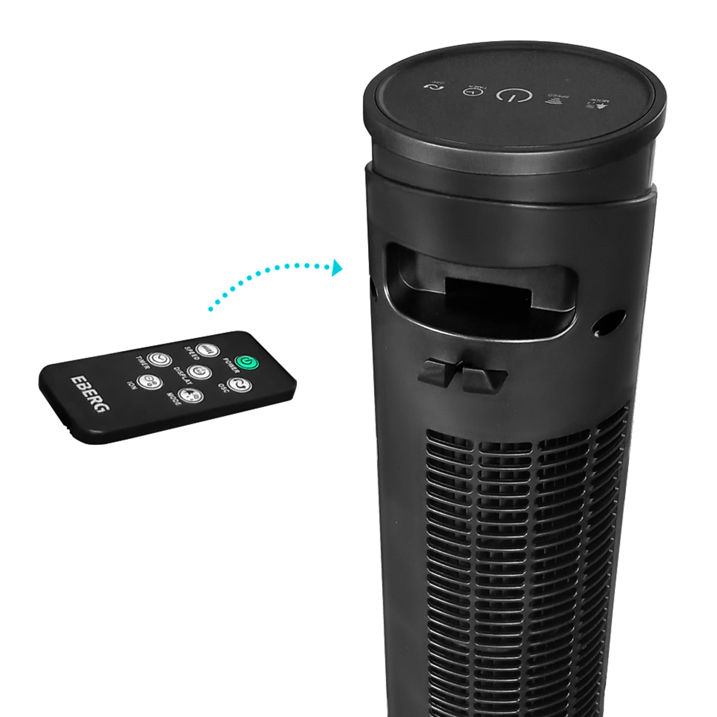 Czarny pilot wskazuje na czarny wentylator wieżowy z otworami wentylacyjnymi.