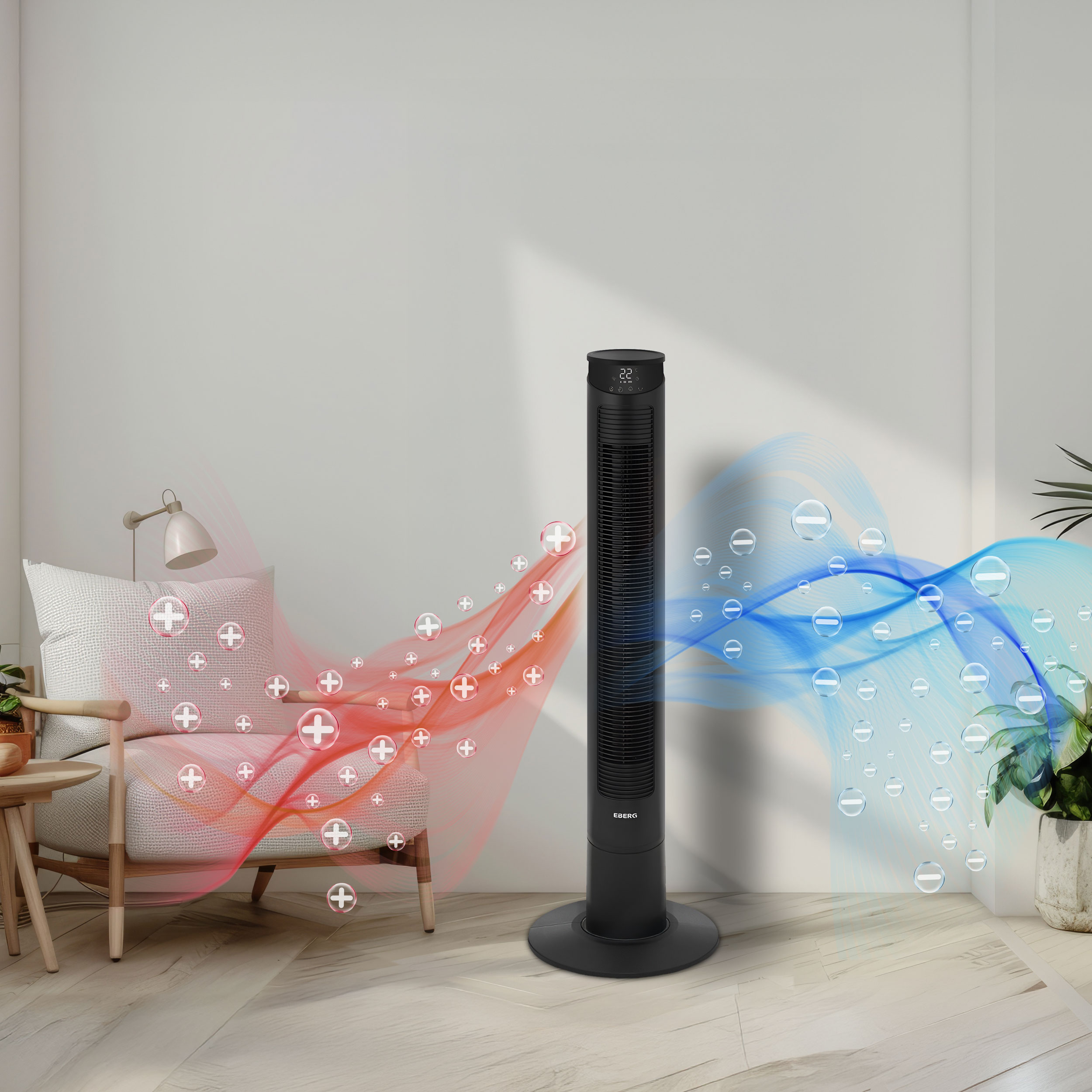 Czarny wentylator wieżowy w salonie z czerwonymi i niebieskimi strumieniami powietrza.