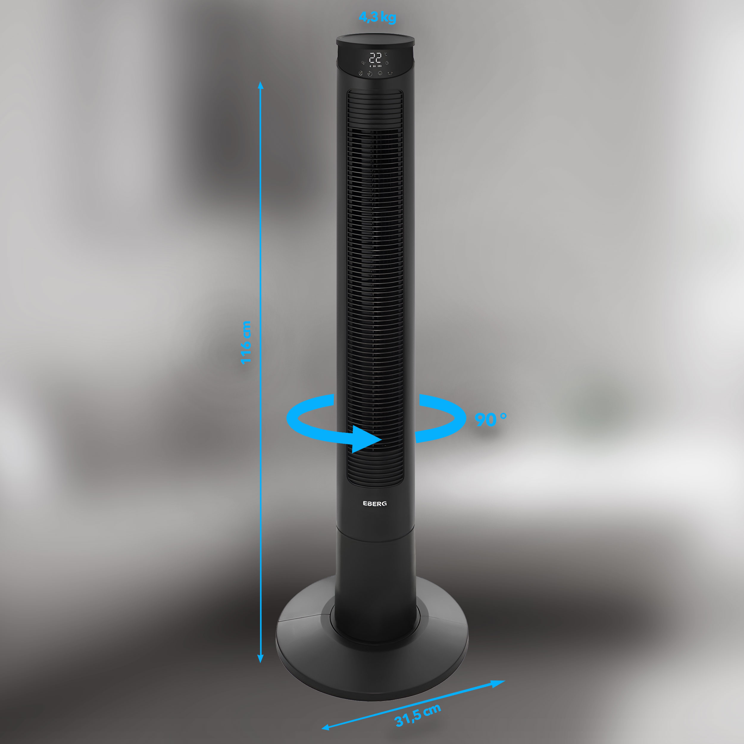 Czarny wentylator wieżowy, wys. 116 cm, waga 4,3 kg, szer. 31,5 cm.