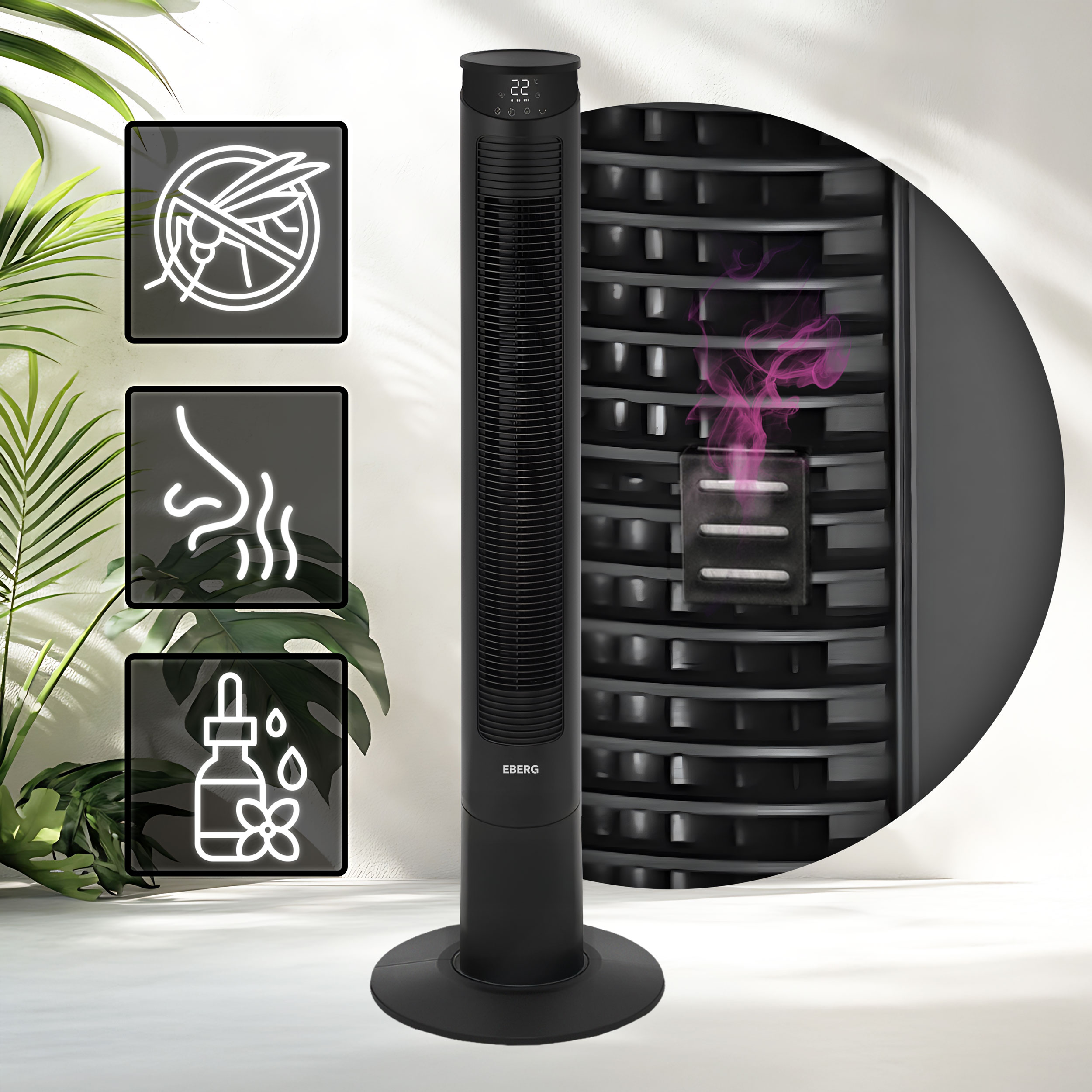 Czarny wentylator wieżowy z cyfrowym wyświetlaczem, obok ikony odstraszacza owadów, zapachu i oleju.