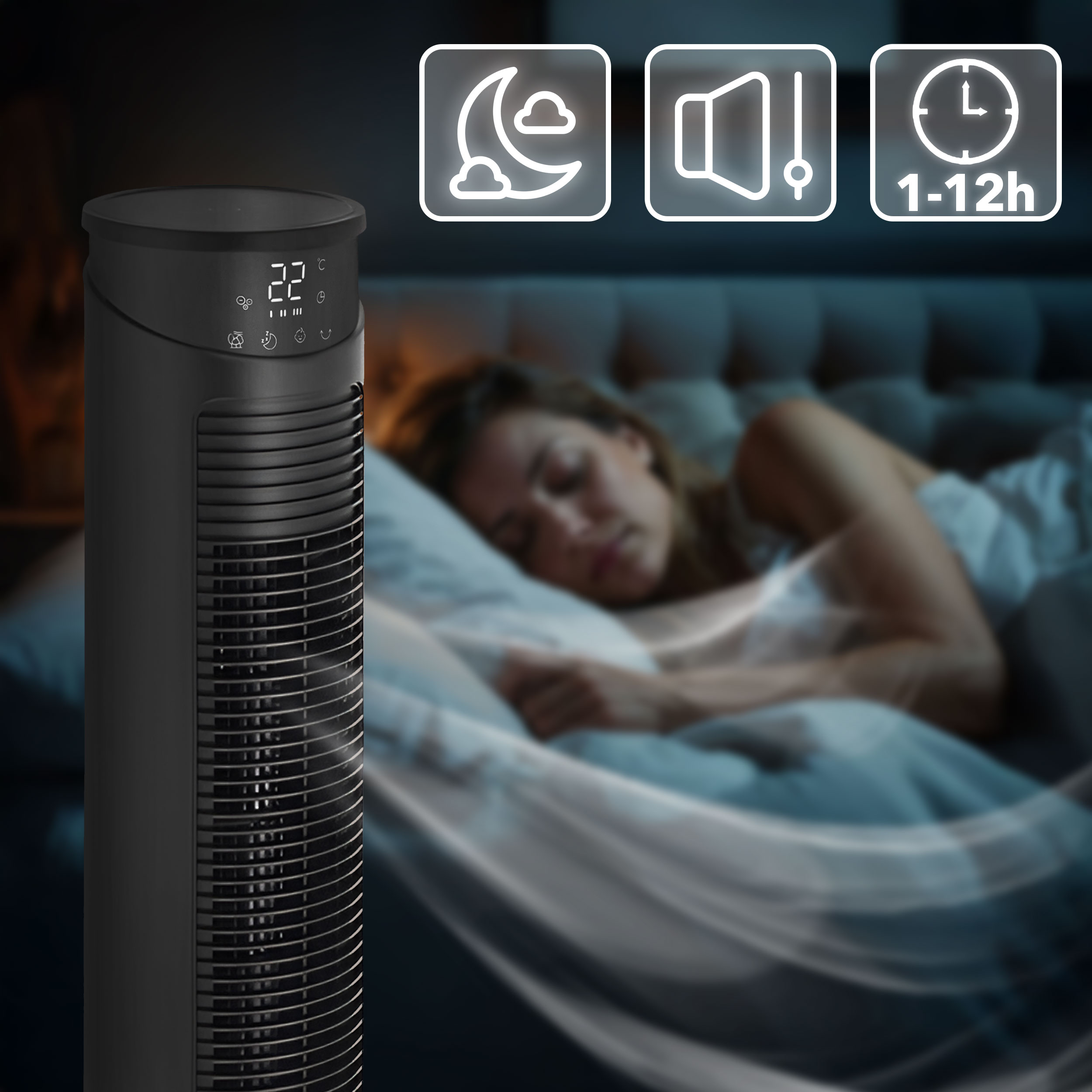 Czarny wentylator wieżowy stoi obok śpiącej dziewczyny w łóżku.