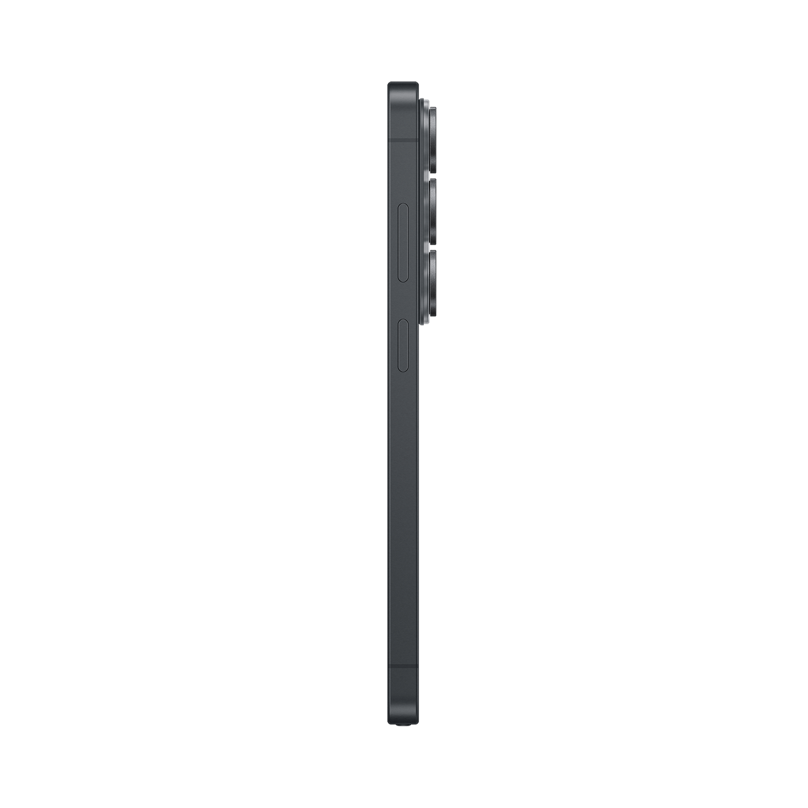 Dunkles Smartphone im Profil mit drei Kameras auf weißem Hintergrund.