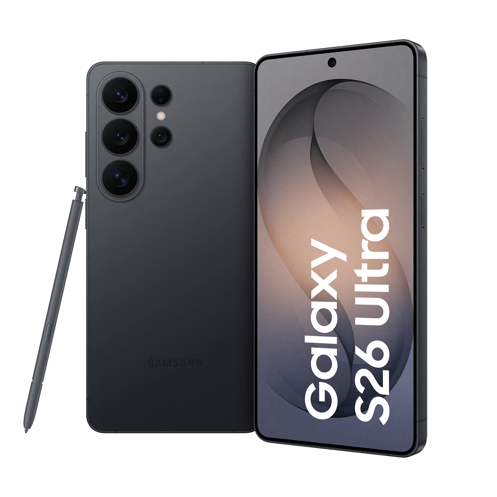 Ein dunkles Samsung Galaxy S26 Ultra Smartphone mit Stift, auf schwarzem Hintergrund.