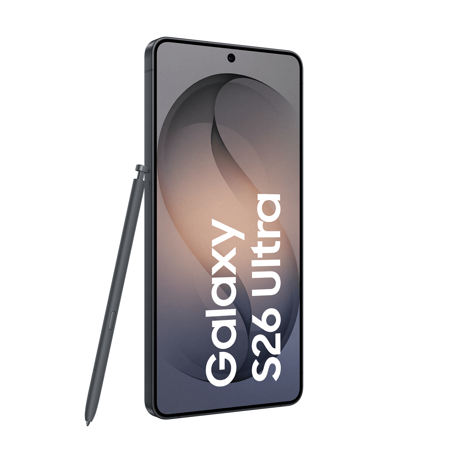Szary rysik leży obok ciemnego smartfona z napisem 'Galaxy S26 Ultra'.