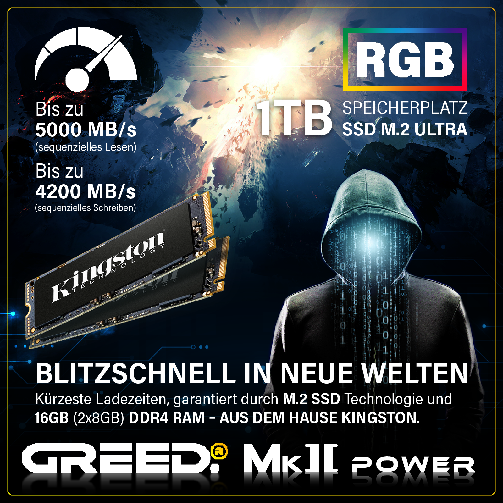 Una figura con cappuccio e codice binario, SSD Kingston, RGB e specifiche.