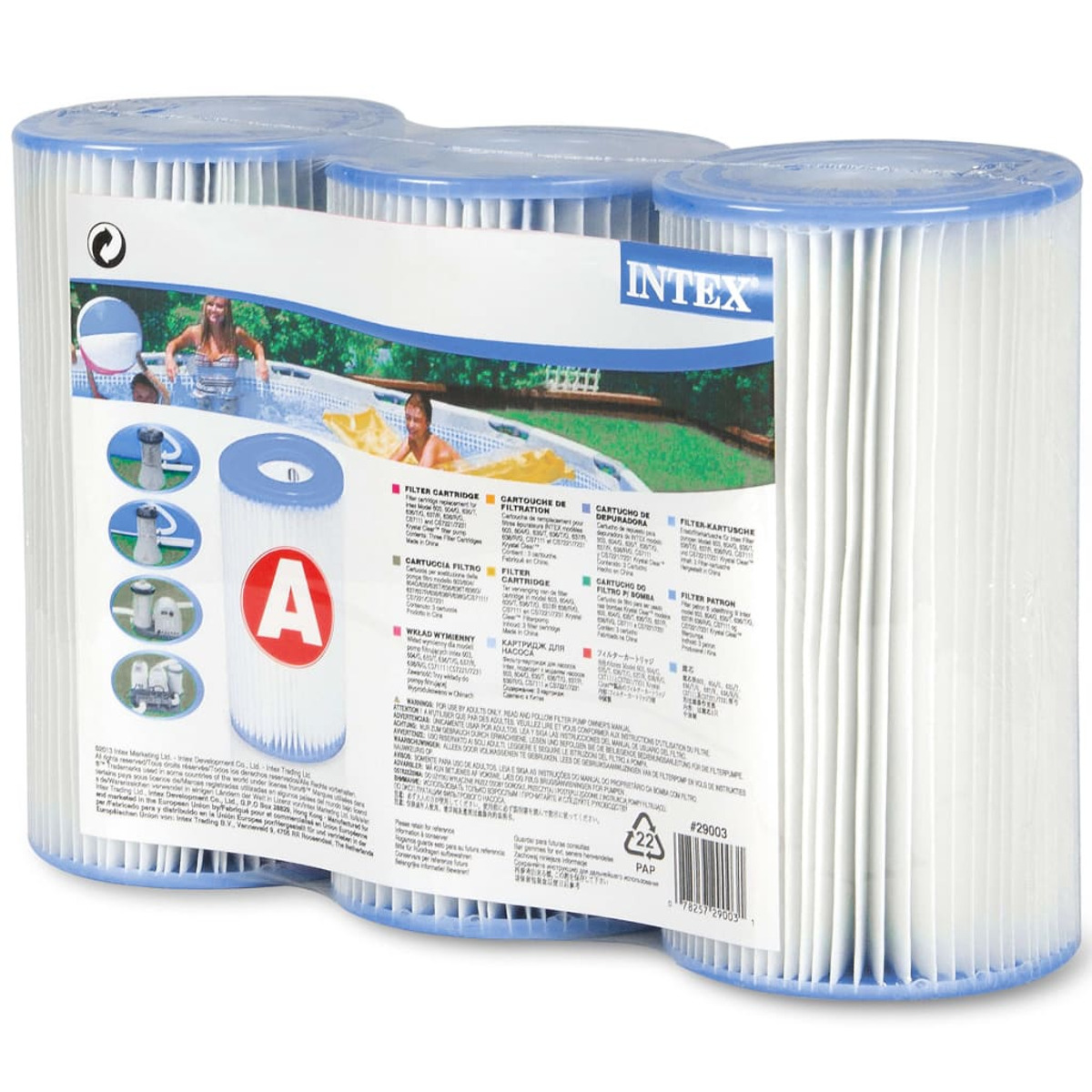 Verpackung mit drei Intex Pool-Filterpatronen, blaue und weiße Zylinder.