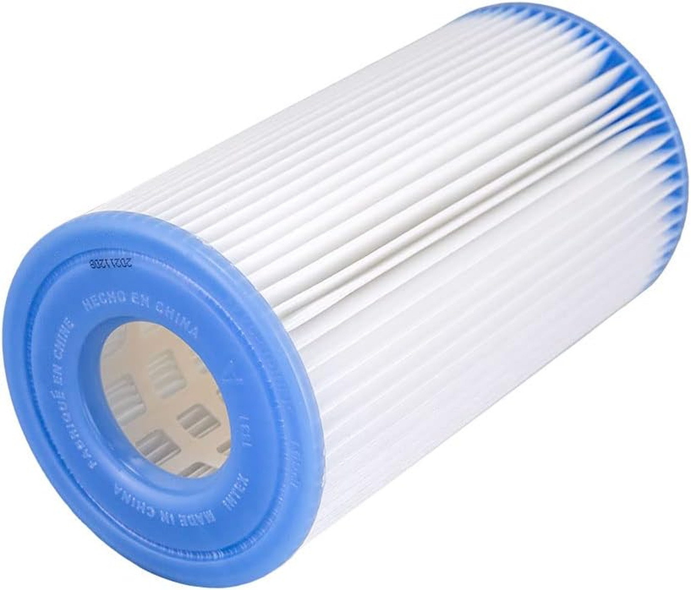 Ein weißer Faltenfilter mit blauen Enden. Text zeigt, dass er in China hergestellt wurde.
