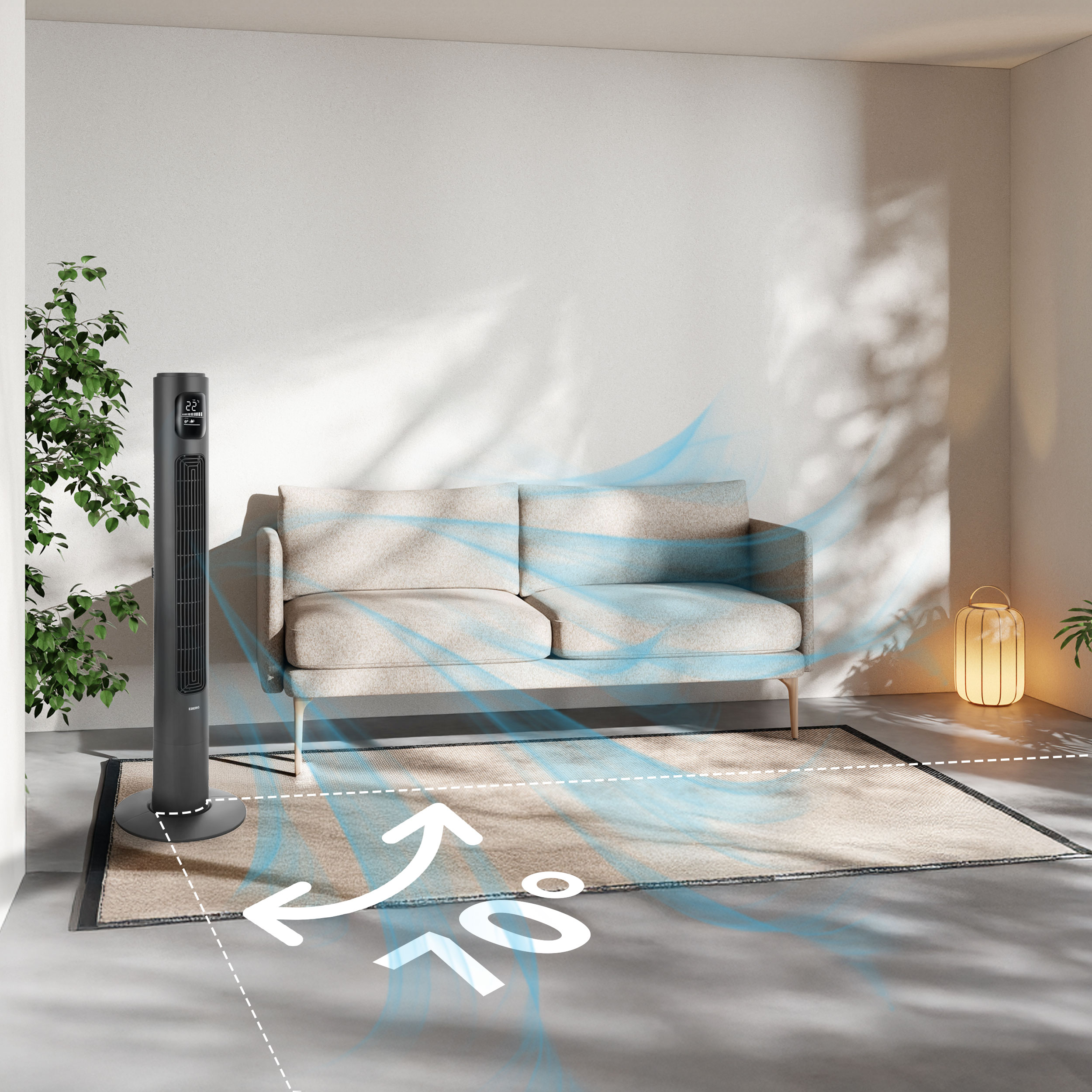 Czarny wentylator wieżowy stoi obok sofy, z animacjami przepływu powietrza.