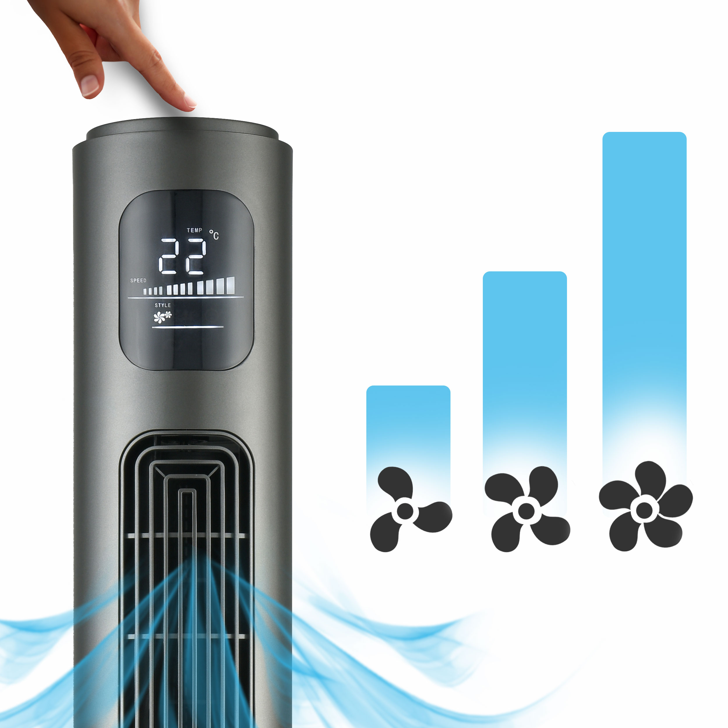 Palec stuka w szarą wieżową wentylatora z cyfrowym wyświetlaczem. Obok wykresy słupkowe.