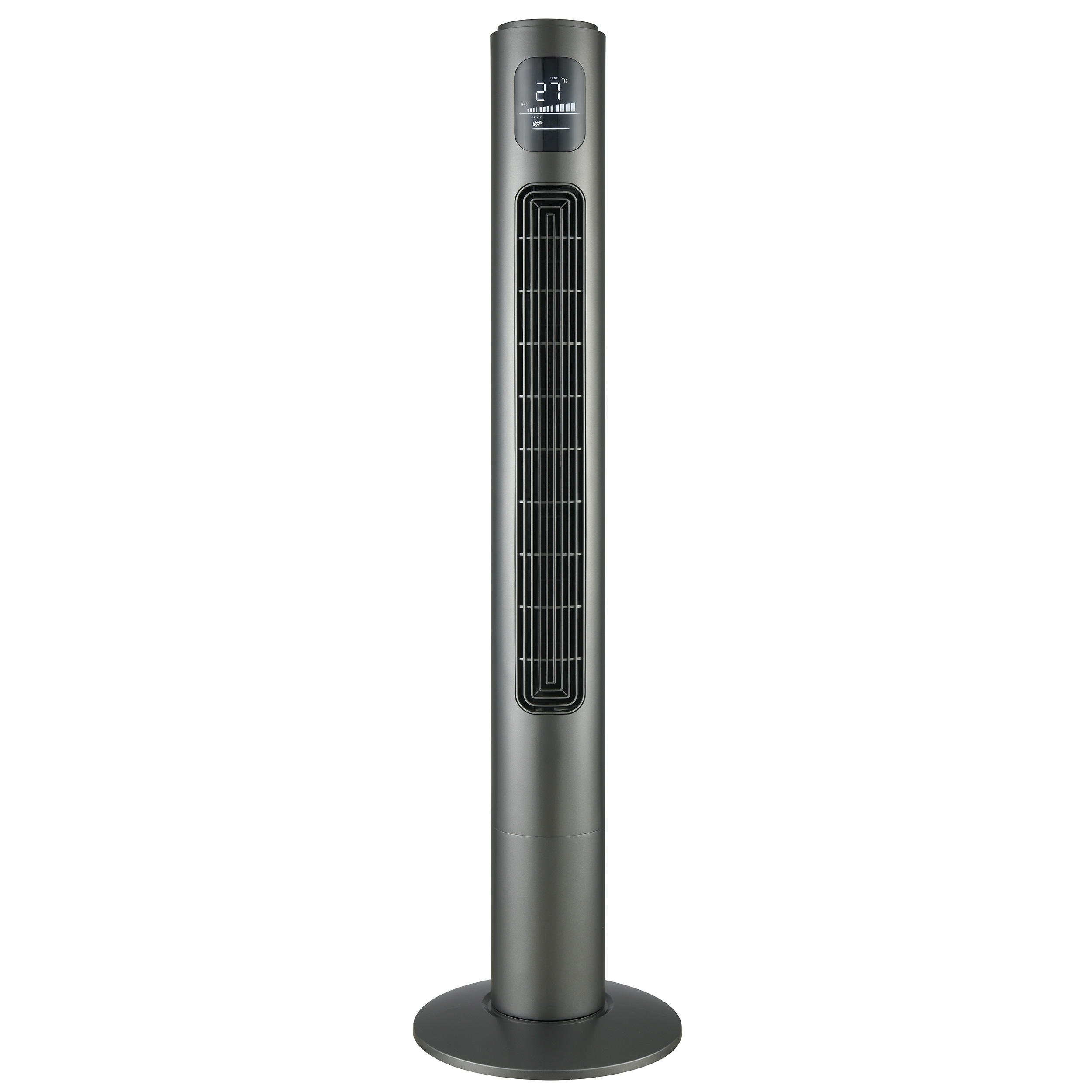 Szary wentylator wieżowy z cyfrowym wyświetlaczem pokazującym 27 stopni.