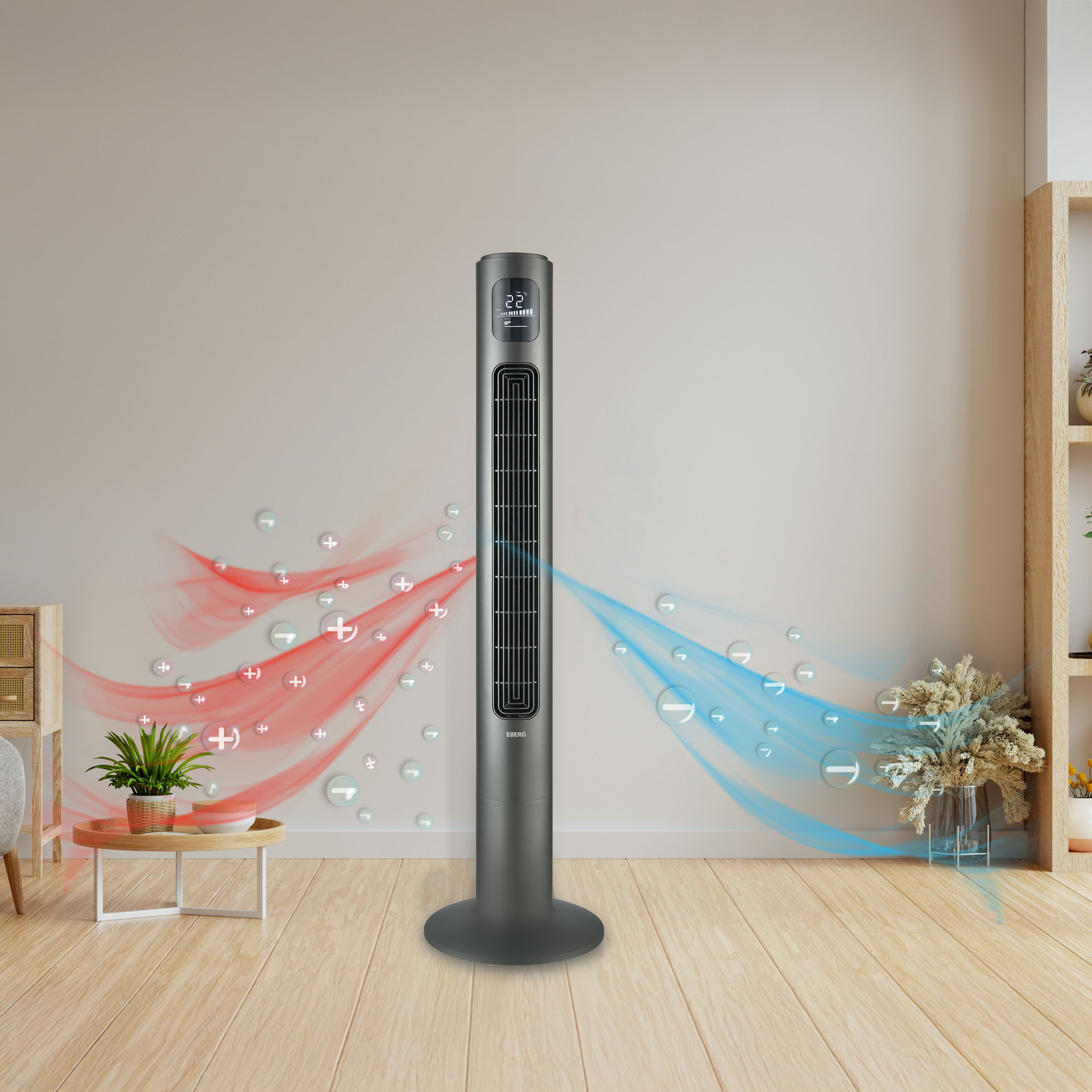 Ciemny wentylator wieżowy z wyświetlaczem, emitujący czerwone i niebieskie strumienie powietrza.