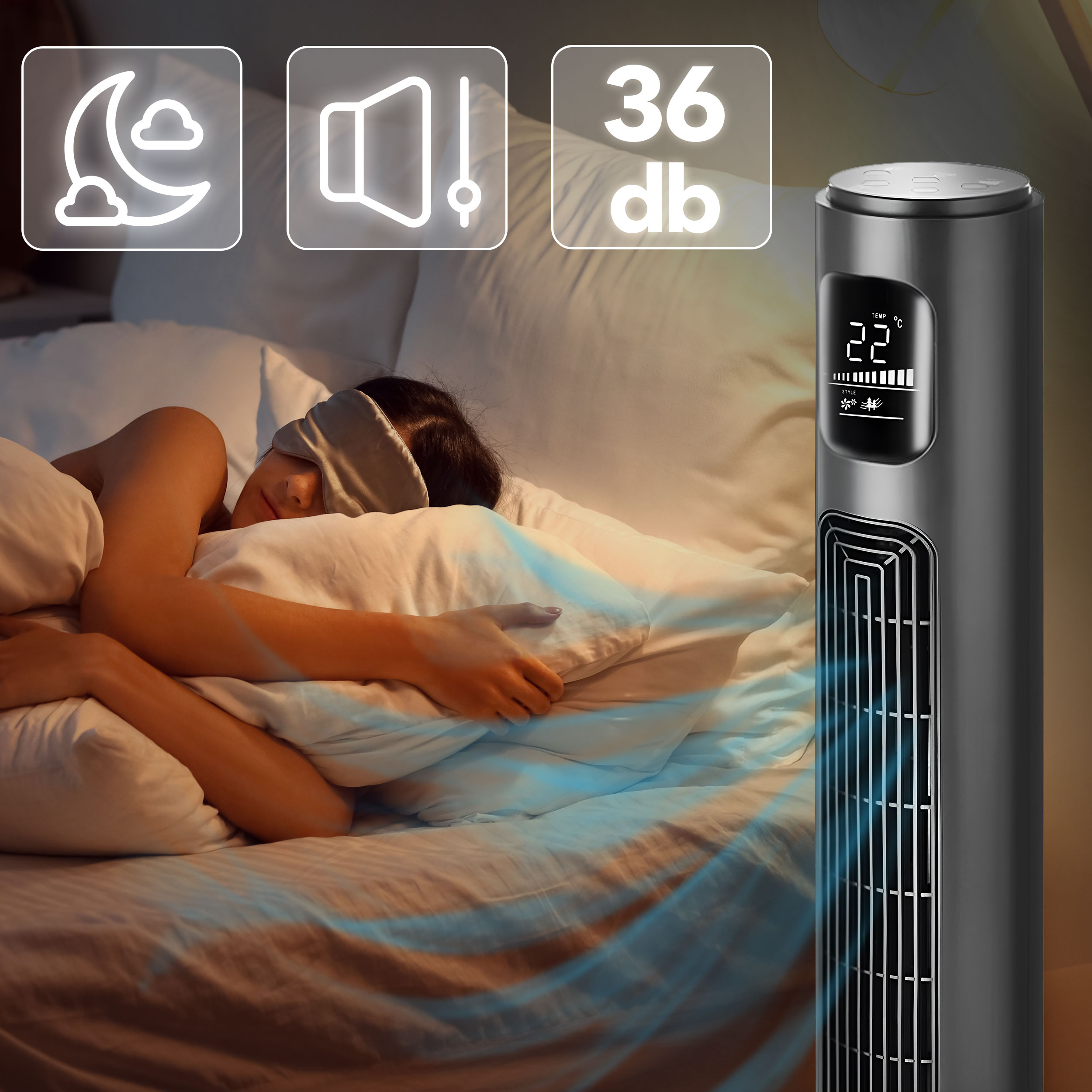 Kobieta śpi w łóżku obok wentylatora wieżowego z wyświetlaczem.