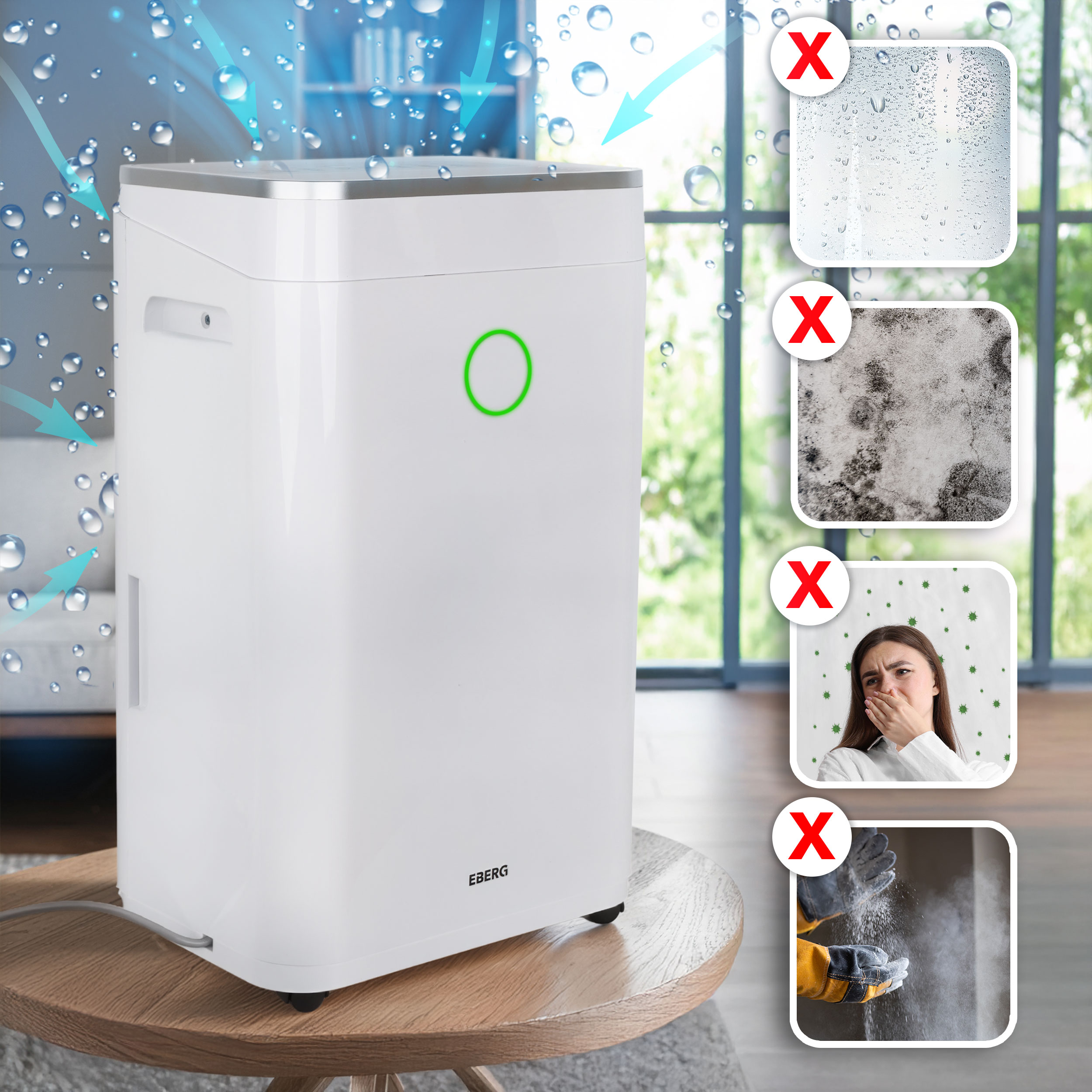 Biały osuszacz powietrza z zielonym światłem, zasysa wodę z powietrza.