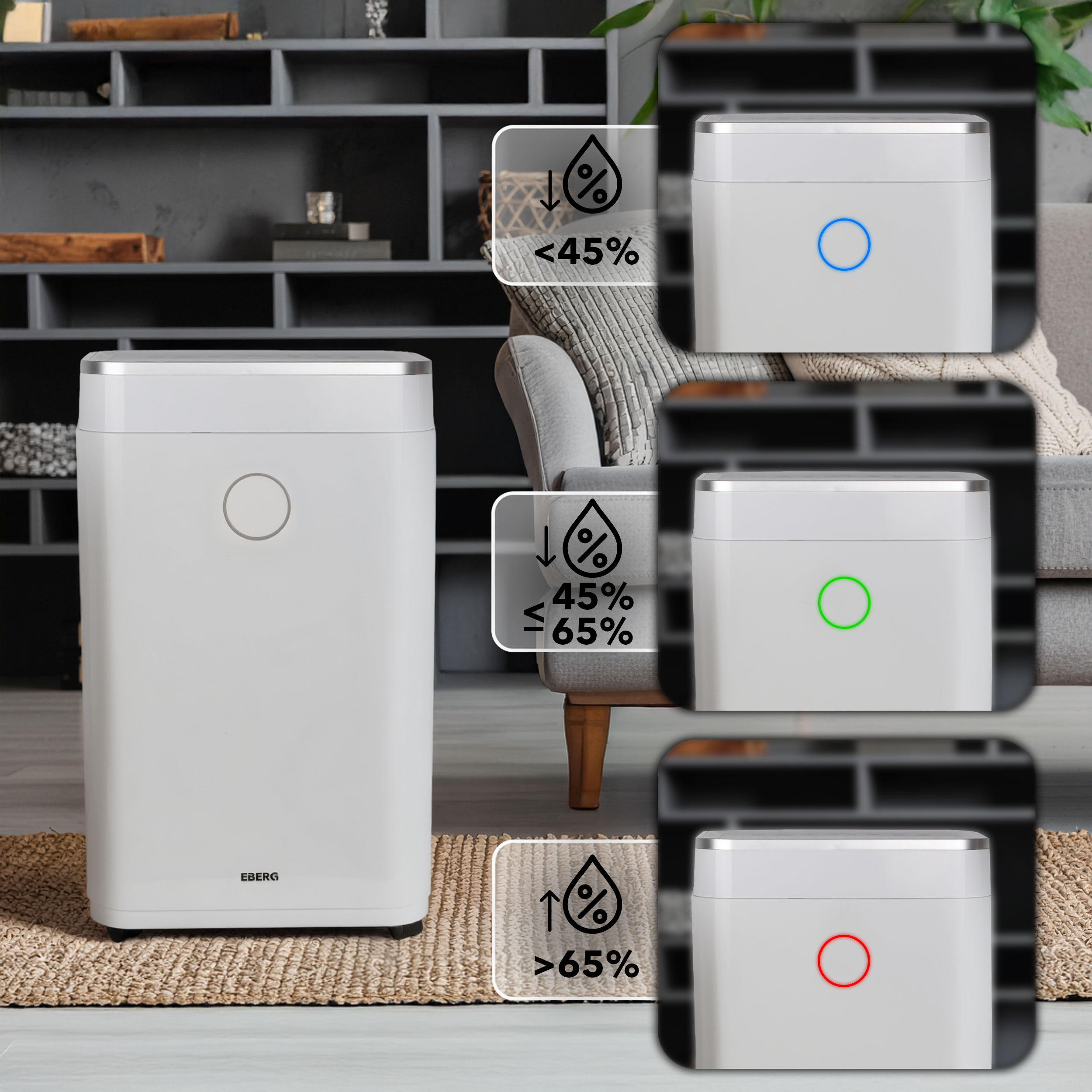 Biały osuszacz powietrza na dywanie, ze wskaźnikami poziomu wilgotności.