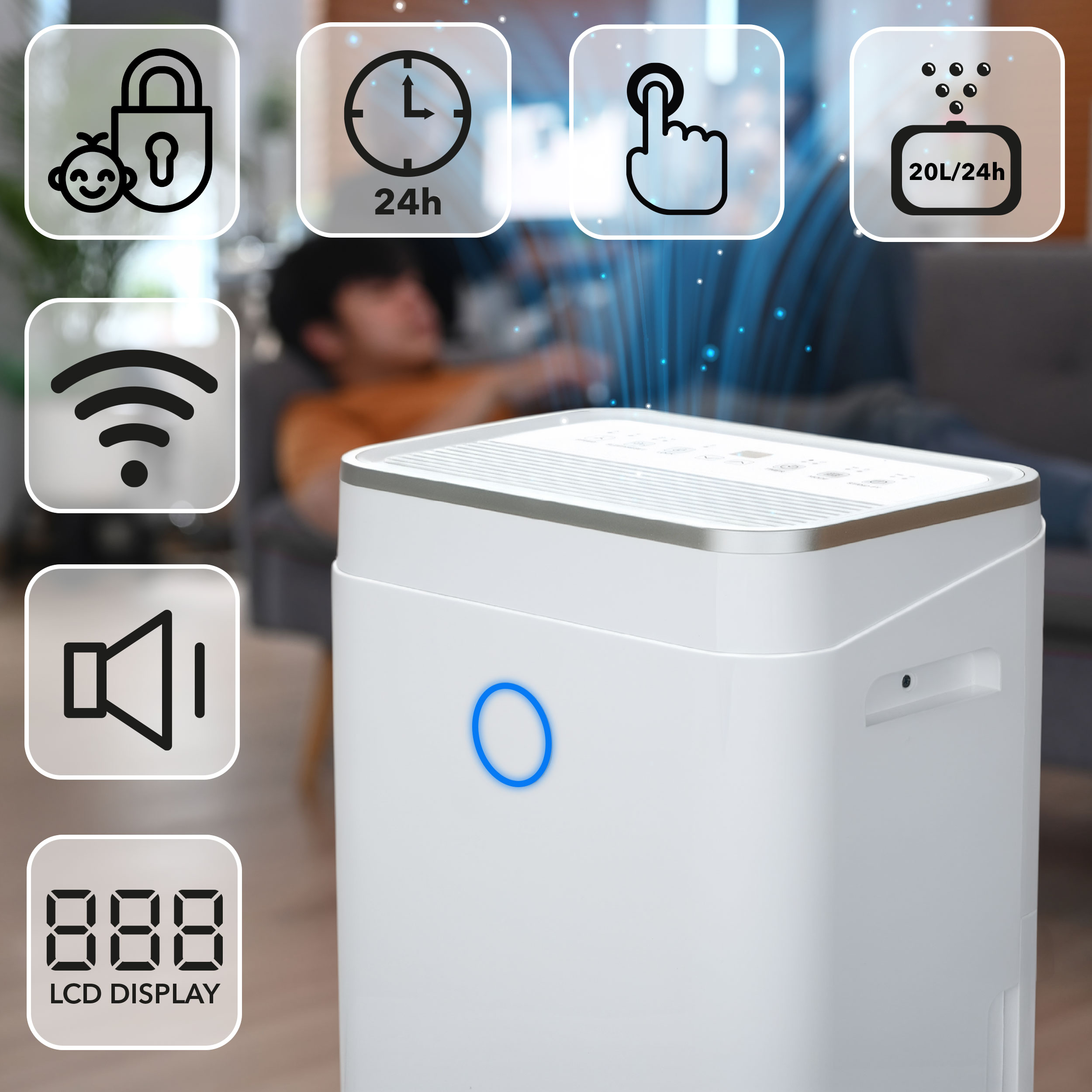 Biały oczyszczacz powietrza z ikonami blokady rodzicielskiej, timera, dotyku, 20L/24h, WiFi, głośności i wyświetlacza.