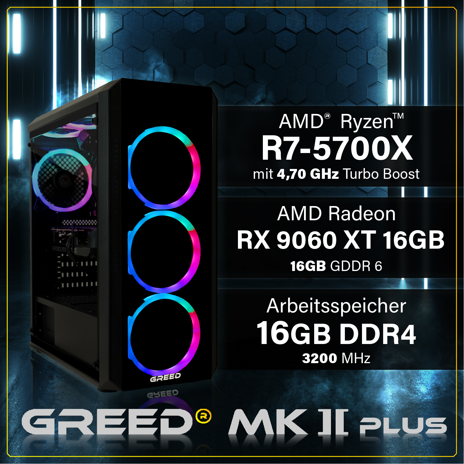 PC Gaming con ventole RGB, AMD Ryzen R7-5700X, RX 9060 XT, 16GB DDR4.