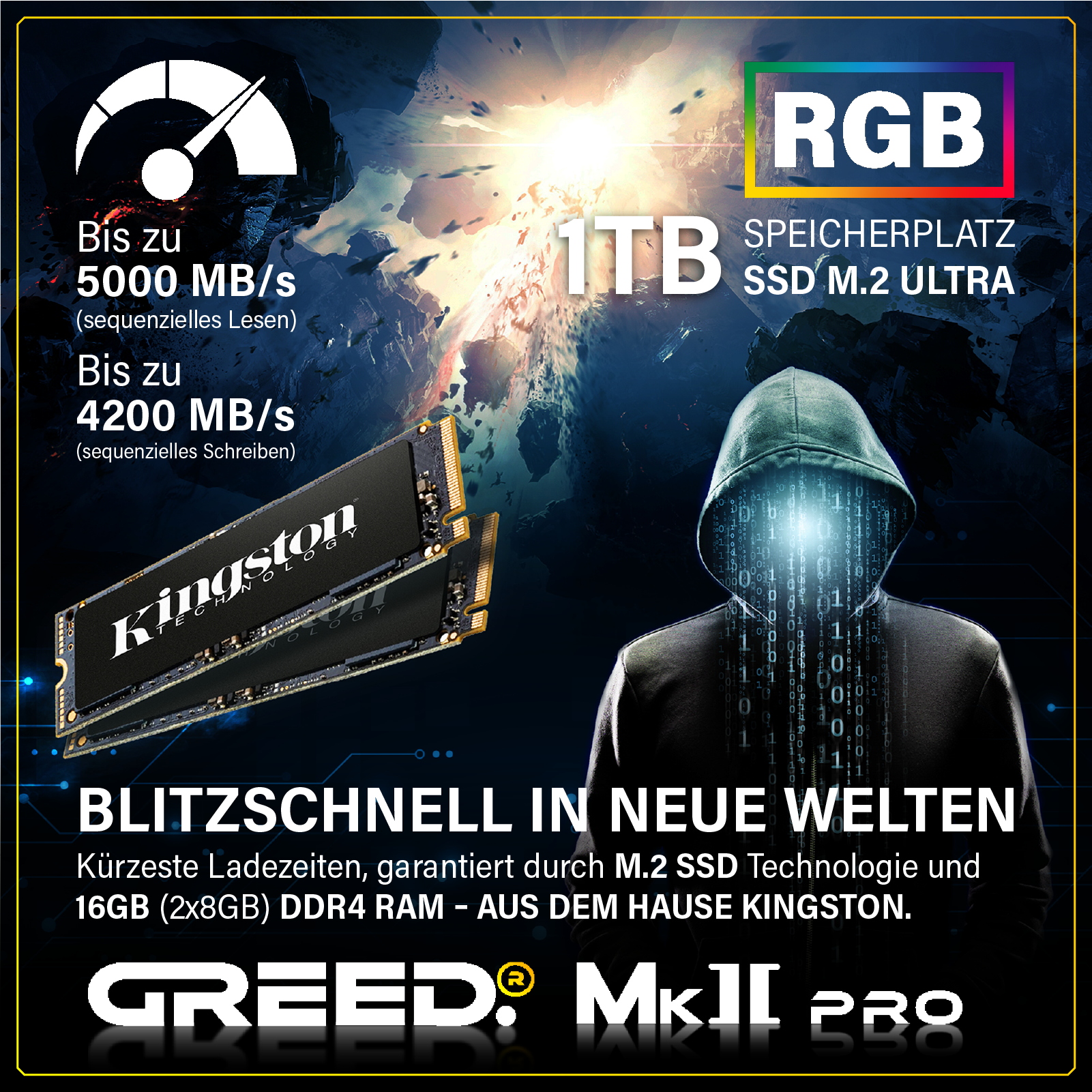 SSD Kingston con RGB, 1TB di archiviazione, 5000 MB/s lettura, 4200 MB/s scrittura.