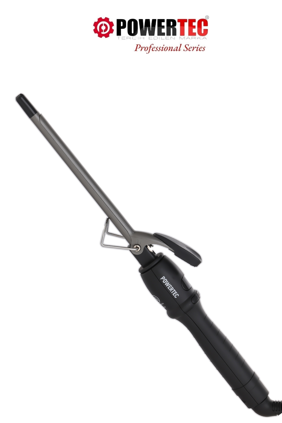 Gümüş namlulu ve POWERTEC logolu siyah saç maşası.