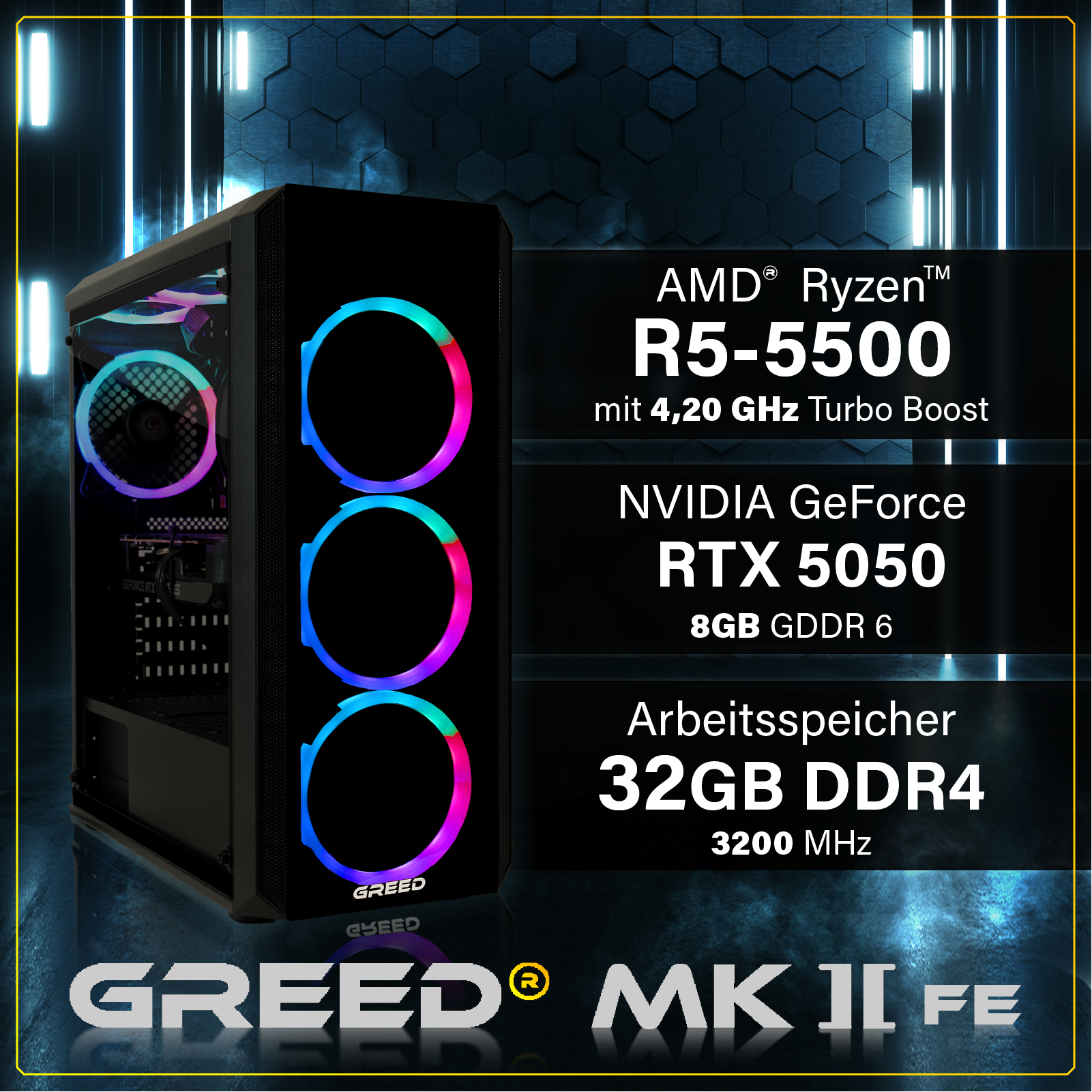 PC-Gehäuse mit RGB-Lüftern, AMD Ryzen R5-5500, RTX 5050, 32GB DDR4 RAM.