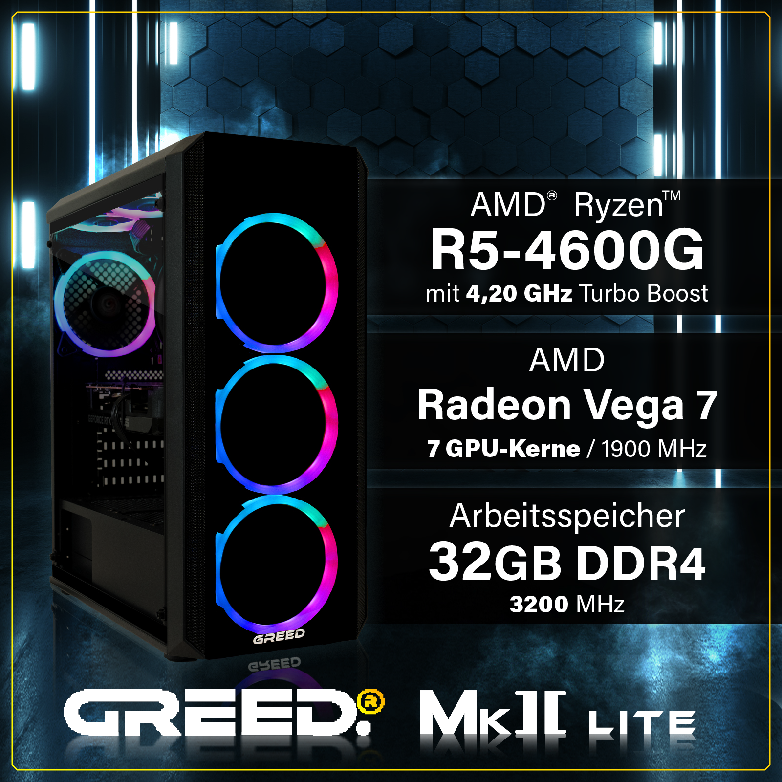 Un case PC con ventole RGB, processore AMD Ryzen 5 4600G e 32 GB di RAM DDR4.