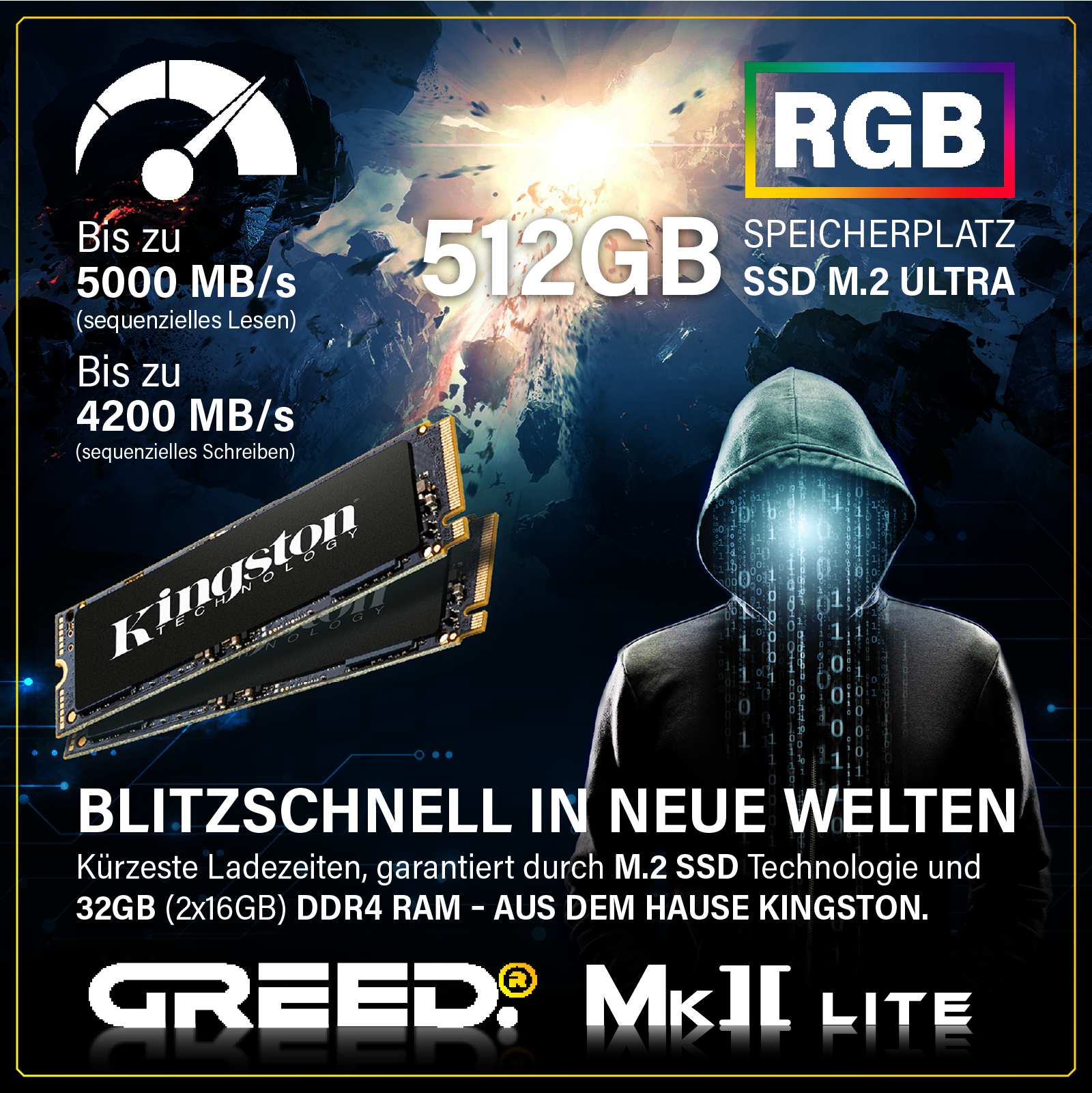 SSD Kingston 512GB con RGB, 5000MB/s lettura, 4200MB/s scrittura.