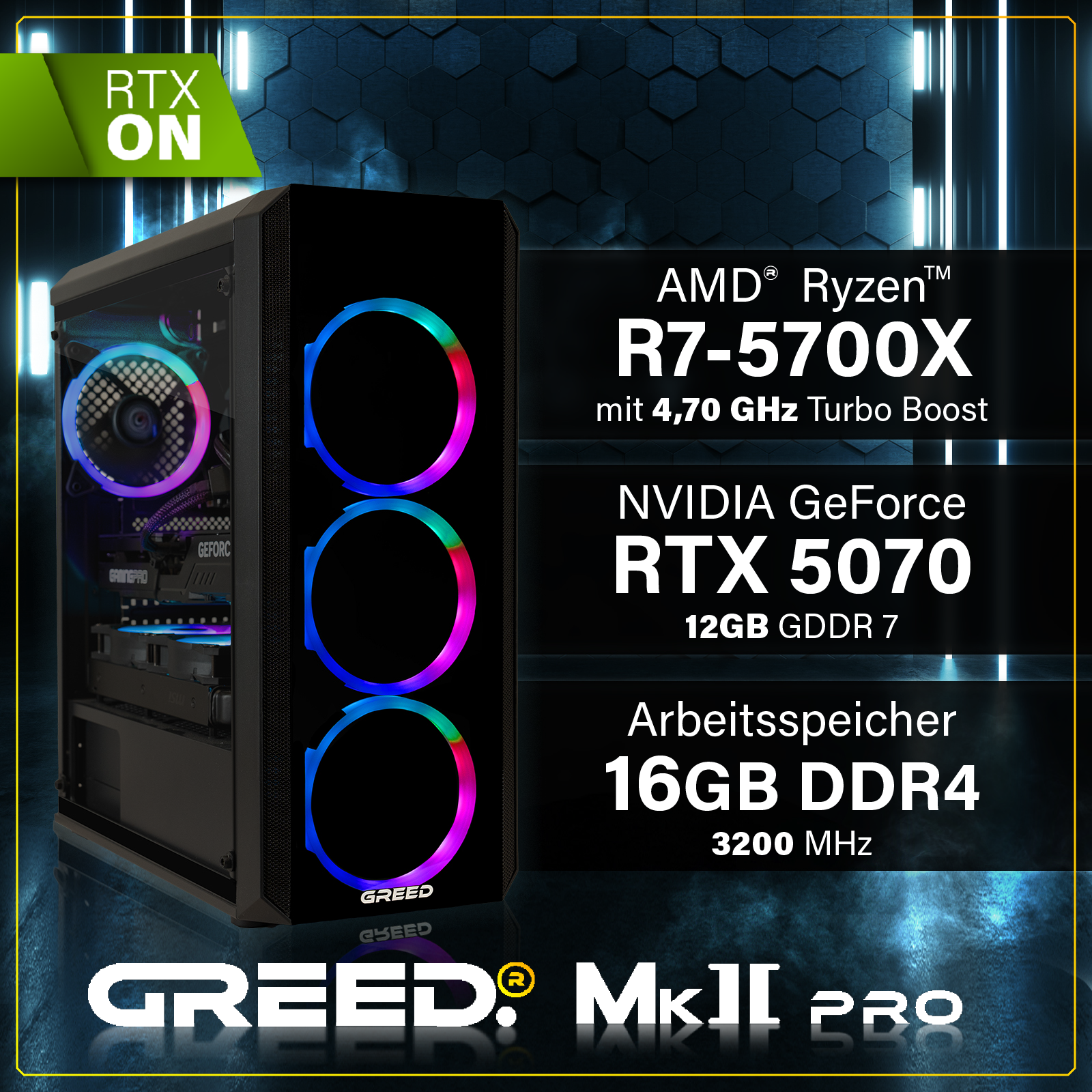 PC da gaming con ventole RGB, AMD Ryzen R7-5700X, RTX 5070.