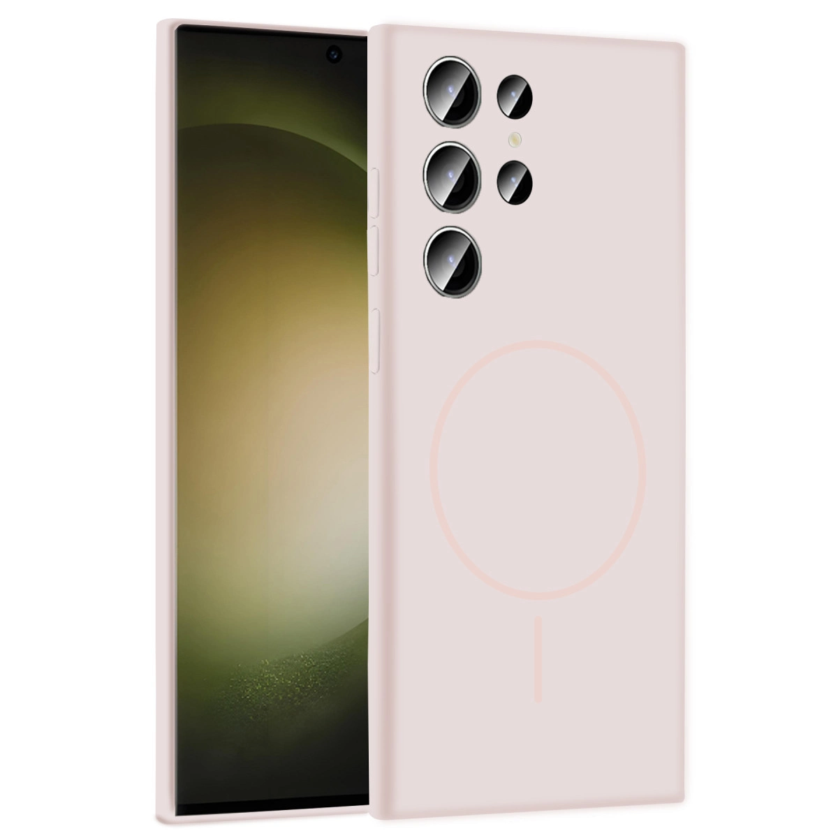 Dairesel manyetik halka tasarımlı açık pembe telefon kılıfı telefonda gösteriliyor.