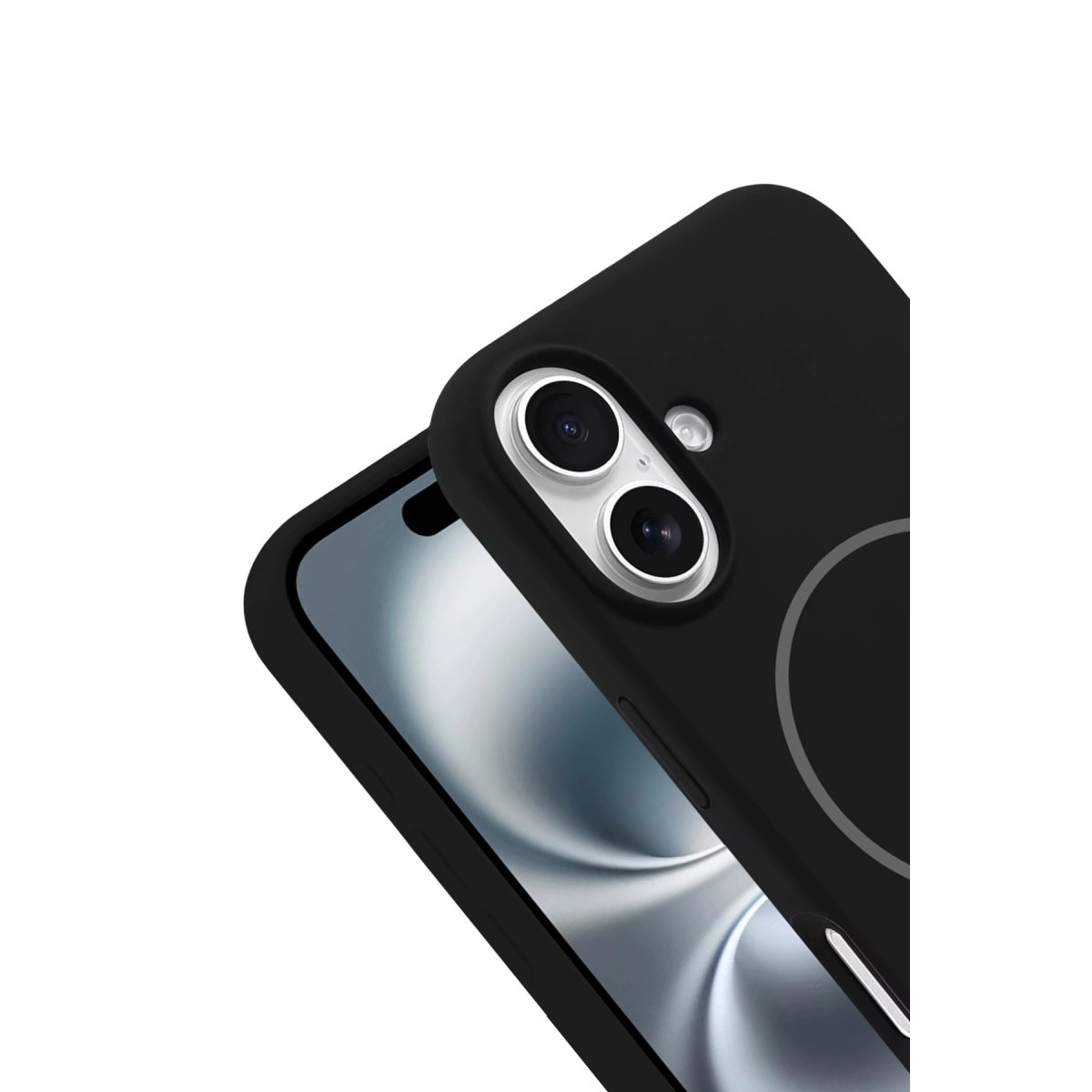 Beyaz arka plan üzerinde çift lensli ve gümüş halkalı siyah telefon kılıfı.