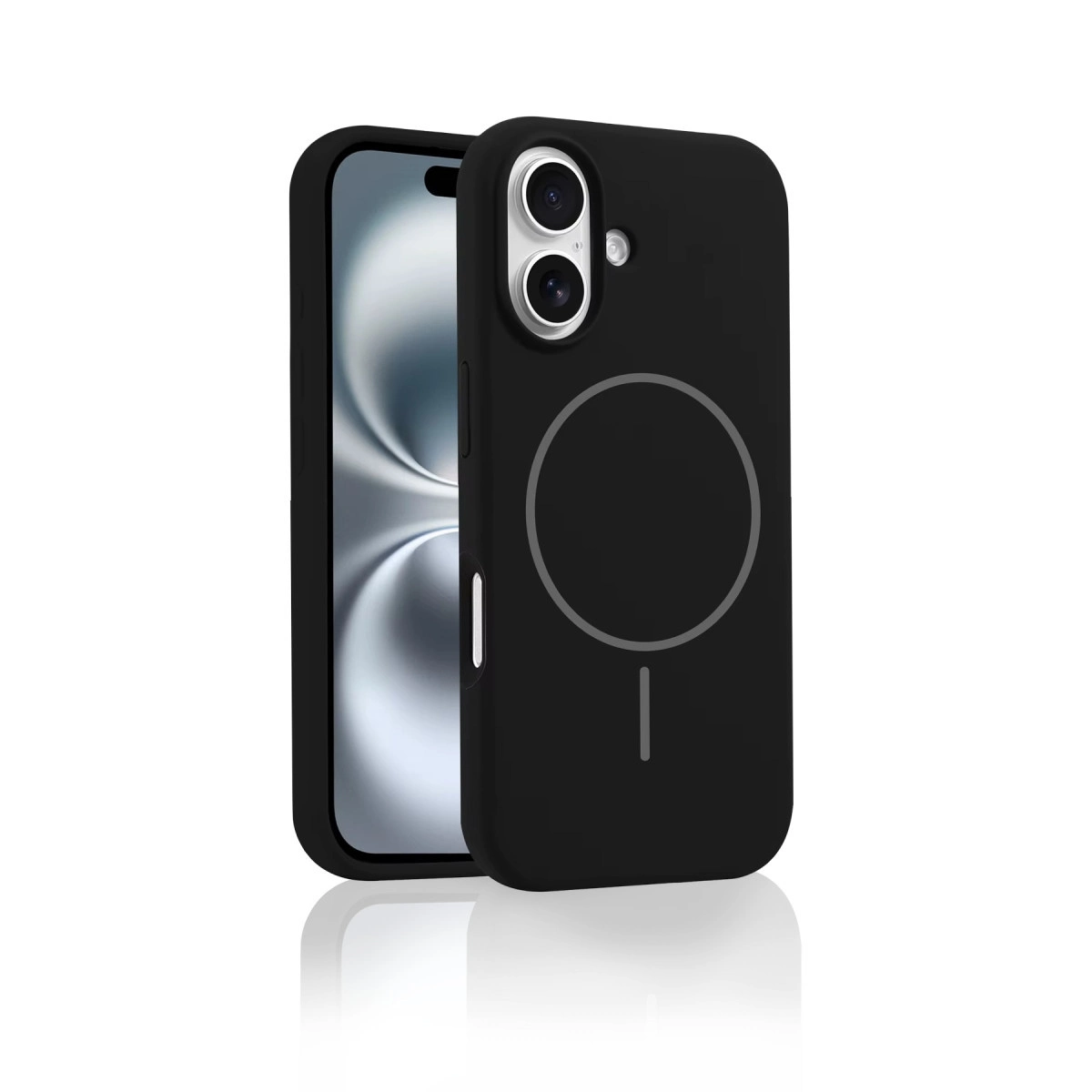 Beyaz arka plan üzerinde kamera kesimli ve manyetik halkalı siyah iPhone kılıfı.