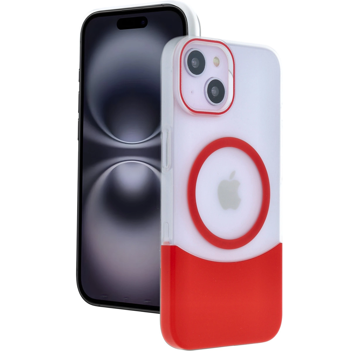 Telefon üzerinde kırmızı alt ve manyetik halkalı şeffaf telefon kılıfı.
