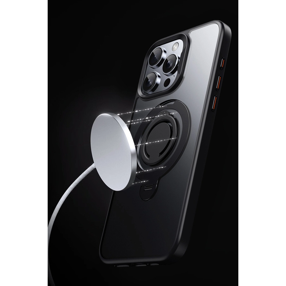 Arkasına yaklaşan manyetik şarj cihazlı siyah bir iPhone.