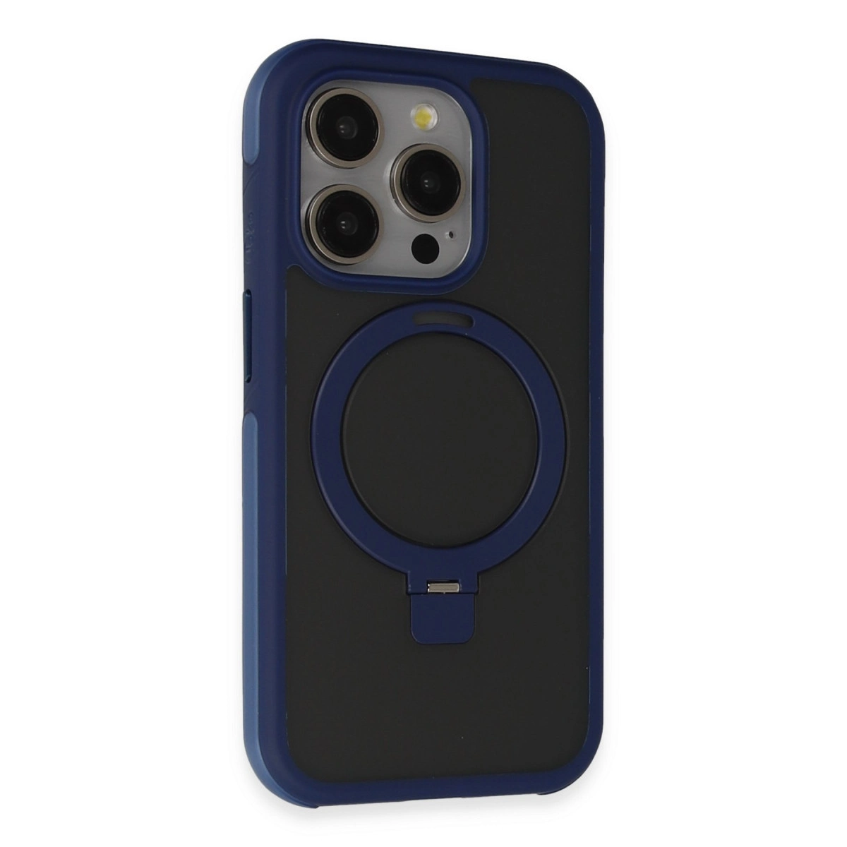 Mavi kenarlı ve kamera modüllü siyah iPhone kılıfı.