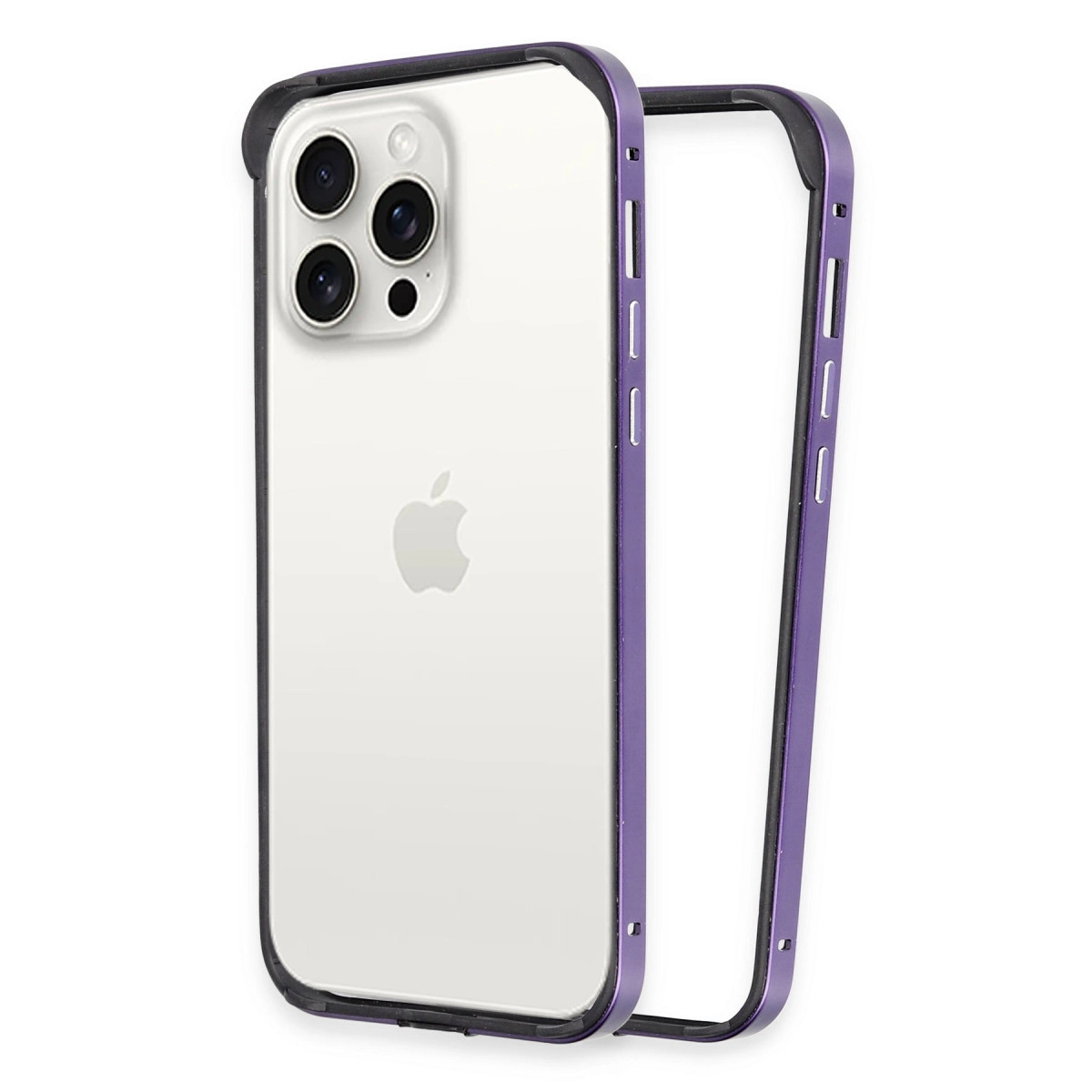 Mor metal çerçeve, şeffaf kasalı ve kameralı bir iPhone'un etrafında.