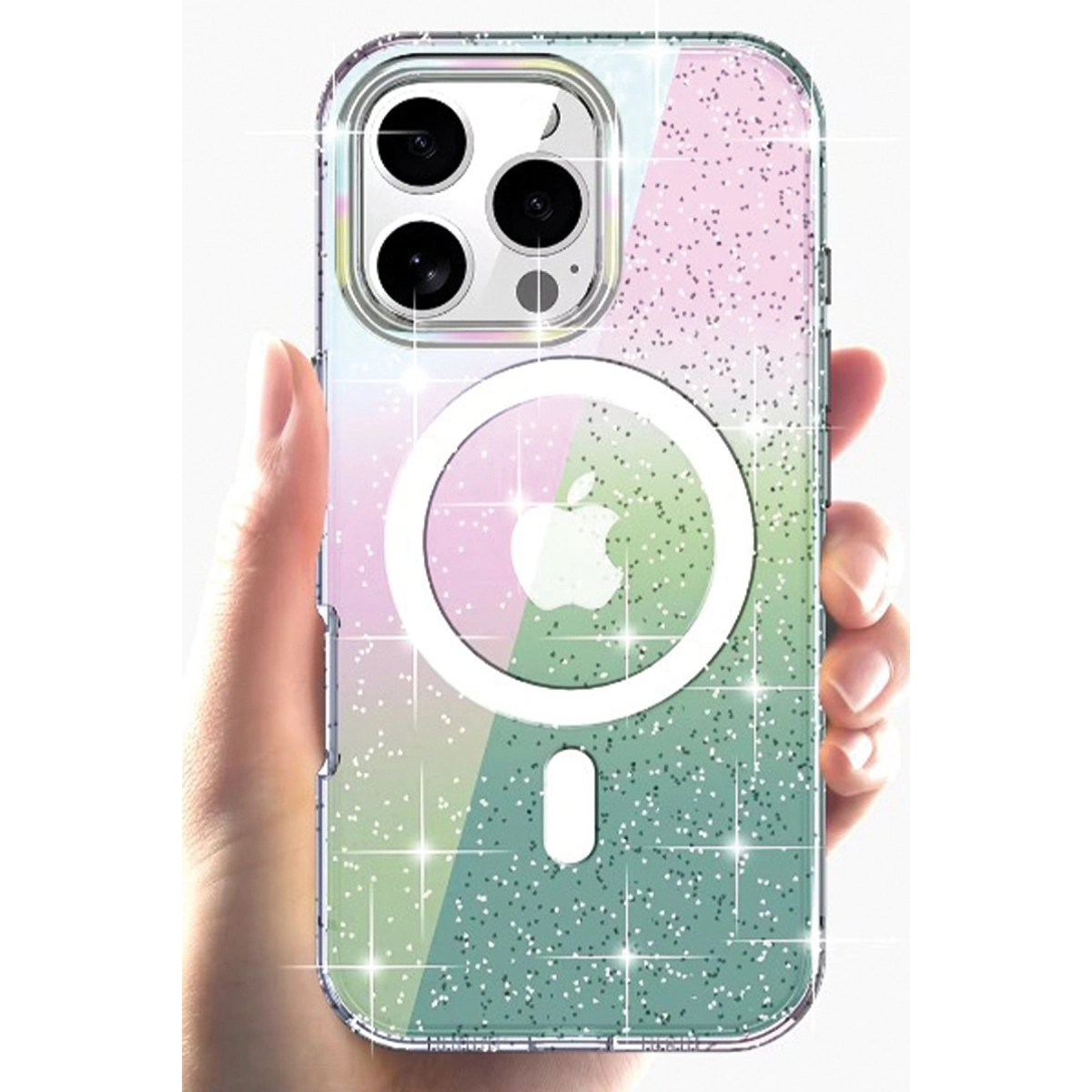 Sim ve Apple logosu olan iPhone kılıfını tutan el.