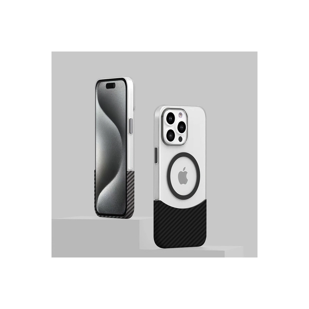 Gri kaideler üzerinde iki iPhone kılıfı. Biri dikey duruyor, diğeri yatay.