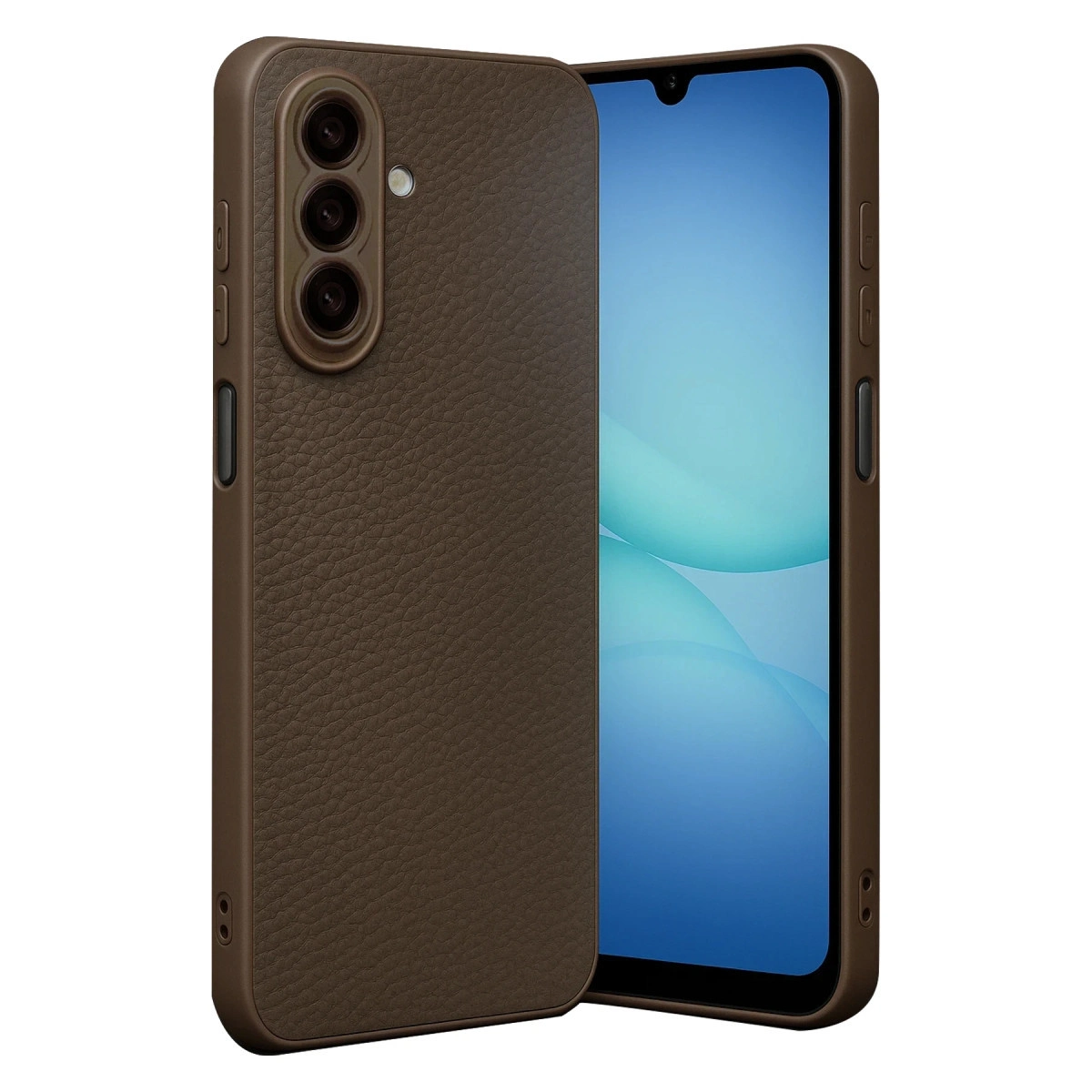 Üç kamera lensli kahverengi telefon kılıfı, akıllı telefonun yanında.
