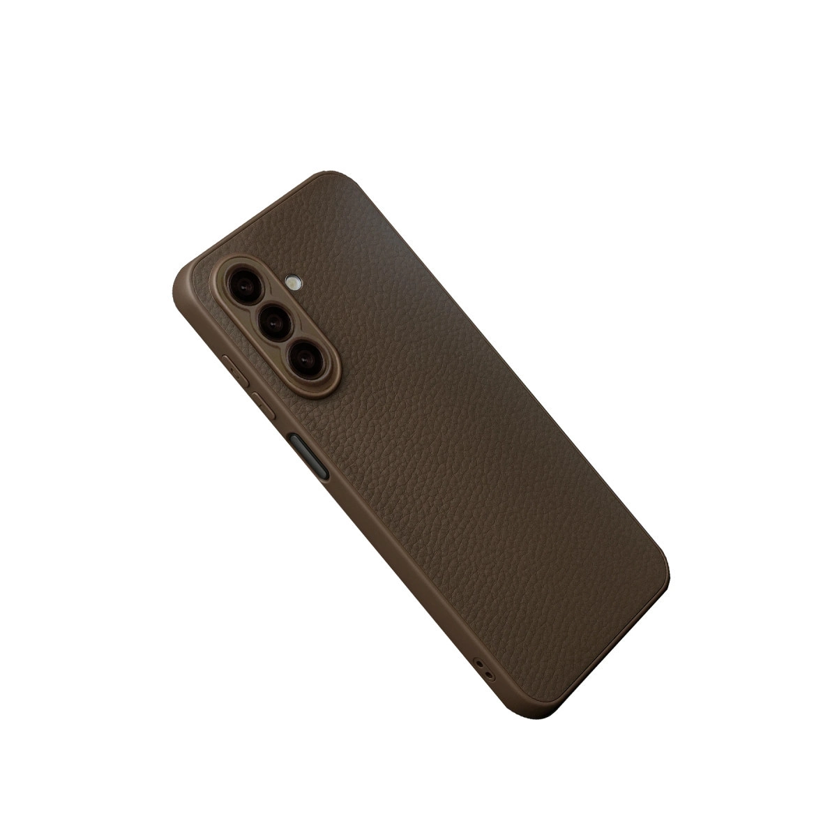 Doku kaplamalı ve kamera kesimli kahverengi telefon kılıfı.