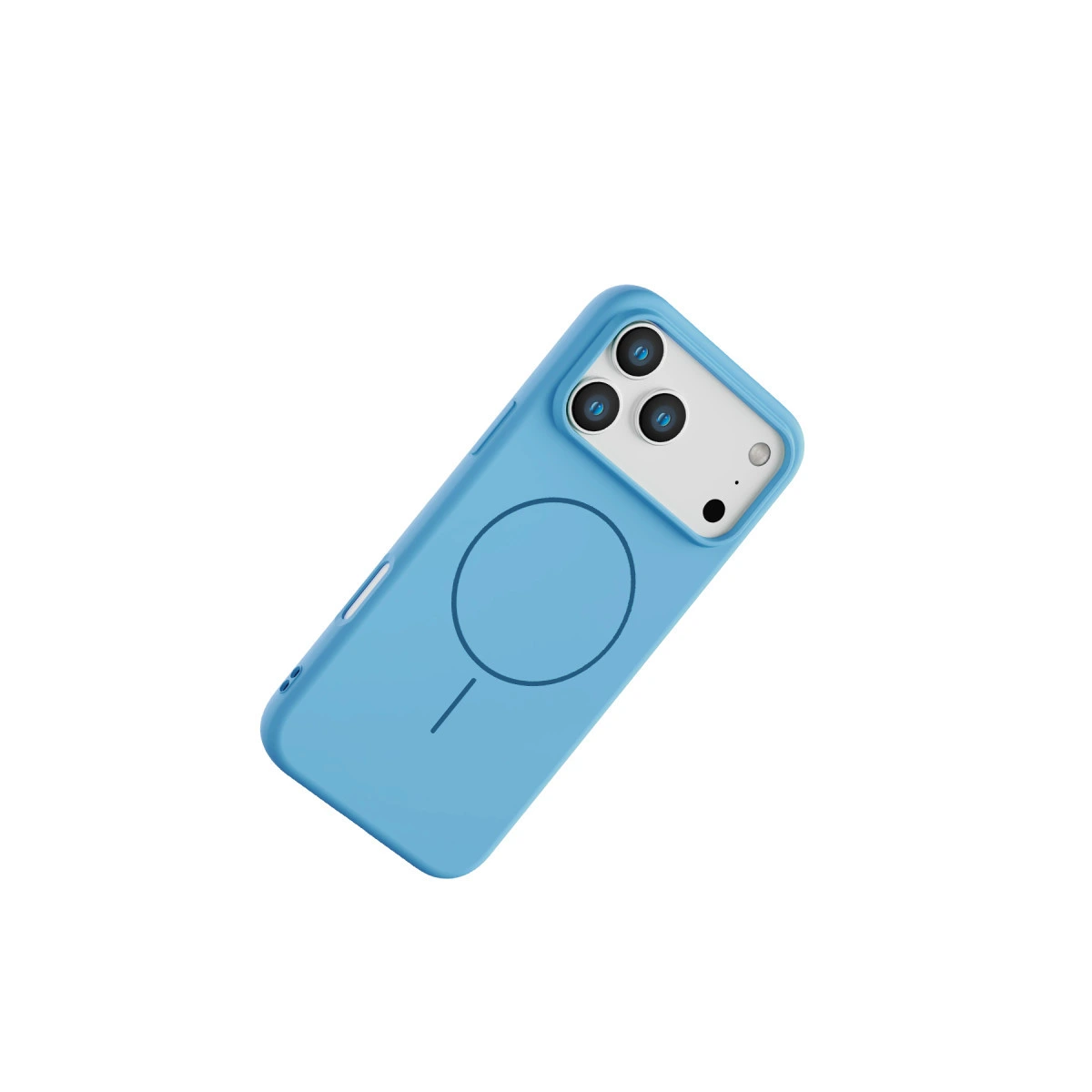 Üç kameralı, dairesel desenli mavi iPhone kılıfı.