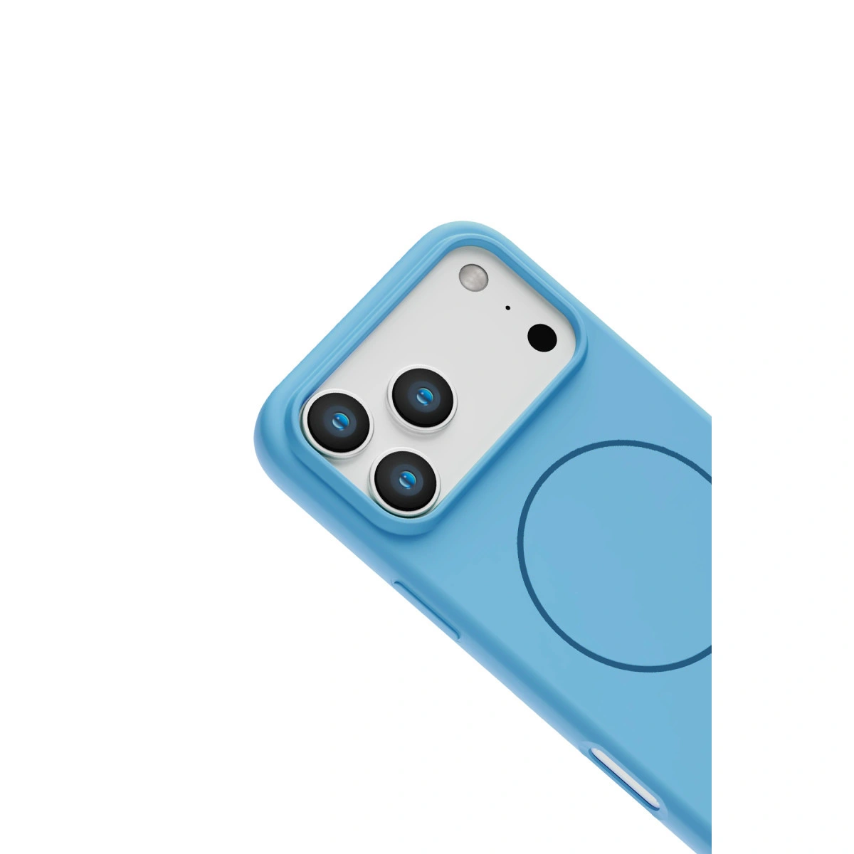 Üçlü kamerası ve dairesel manyetik halkası olan mavi iPhone'un arka yüzü.