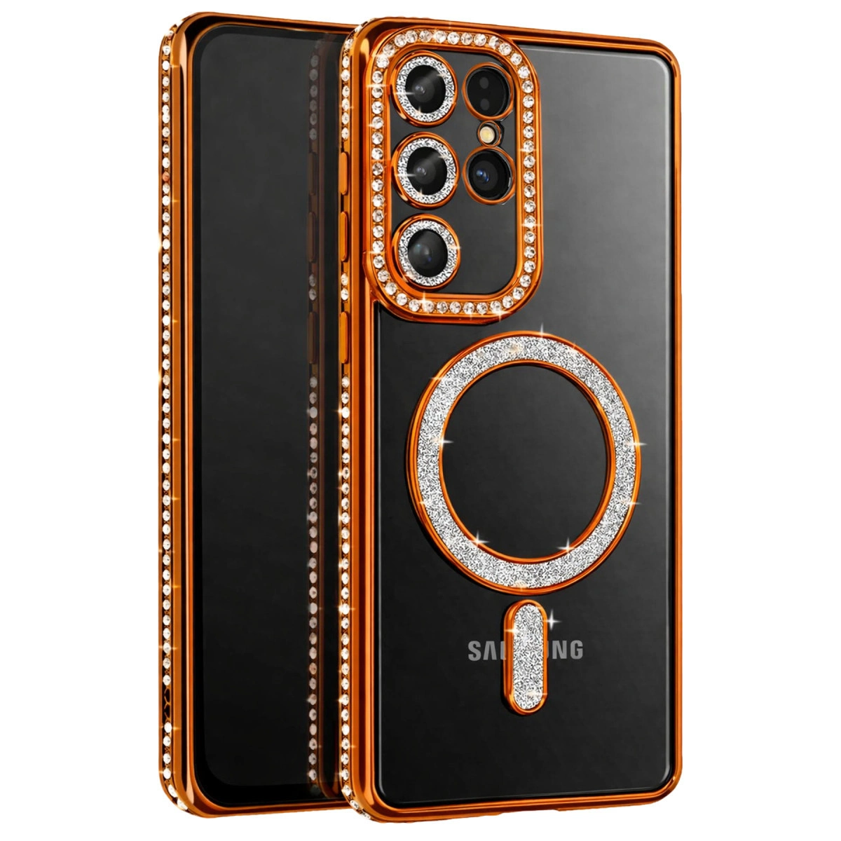 Turuncu ve gümüş süslemeli siyah telefon kılıfı.