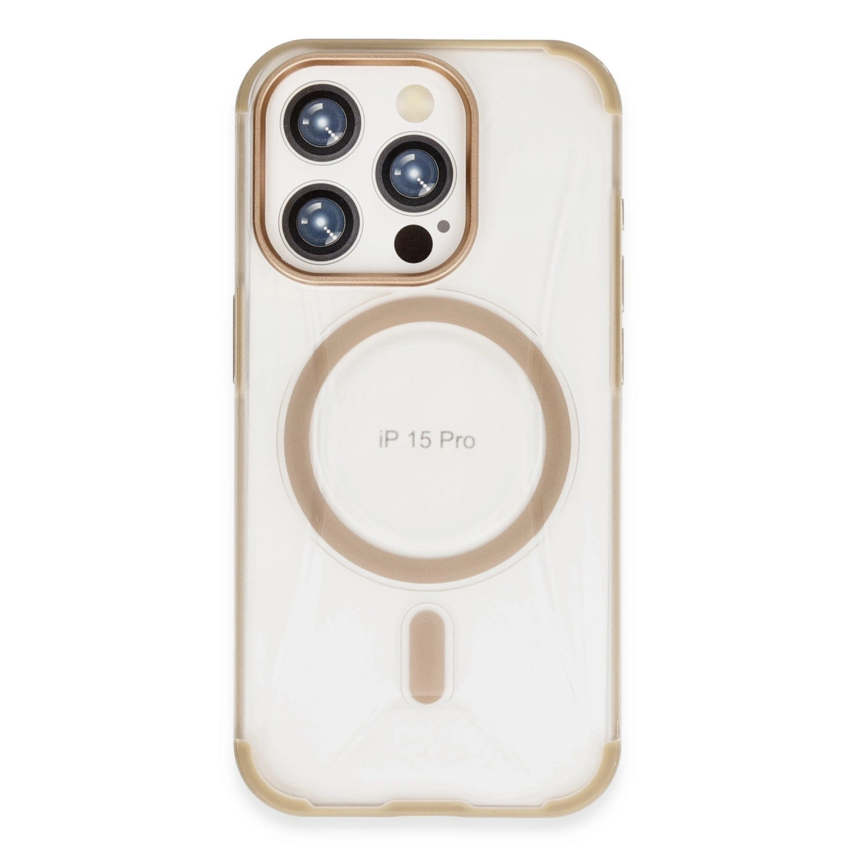 iPhone 15 Pro için şeffaf kılıf, kamera ve manyetik halkalı.