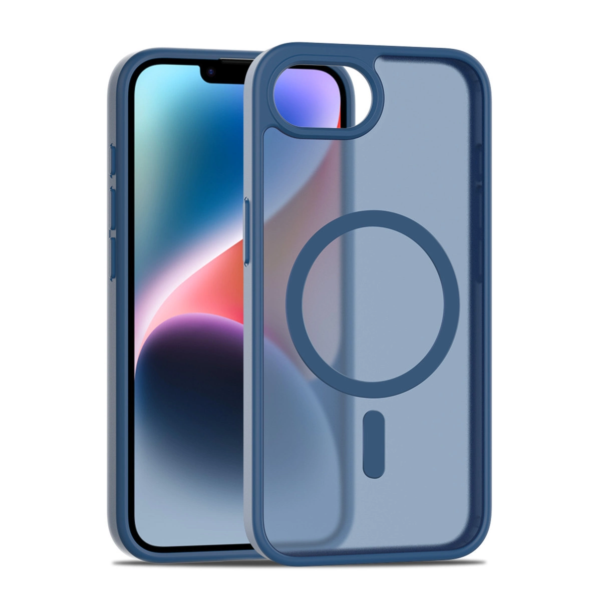 Daire deseni olan şeffaf kılıflı mavi telefon.