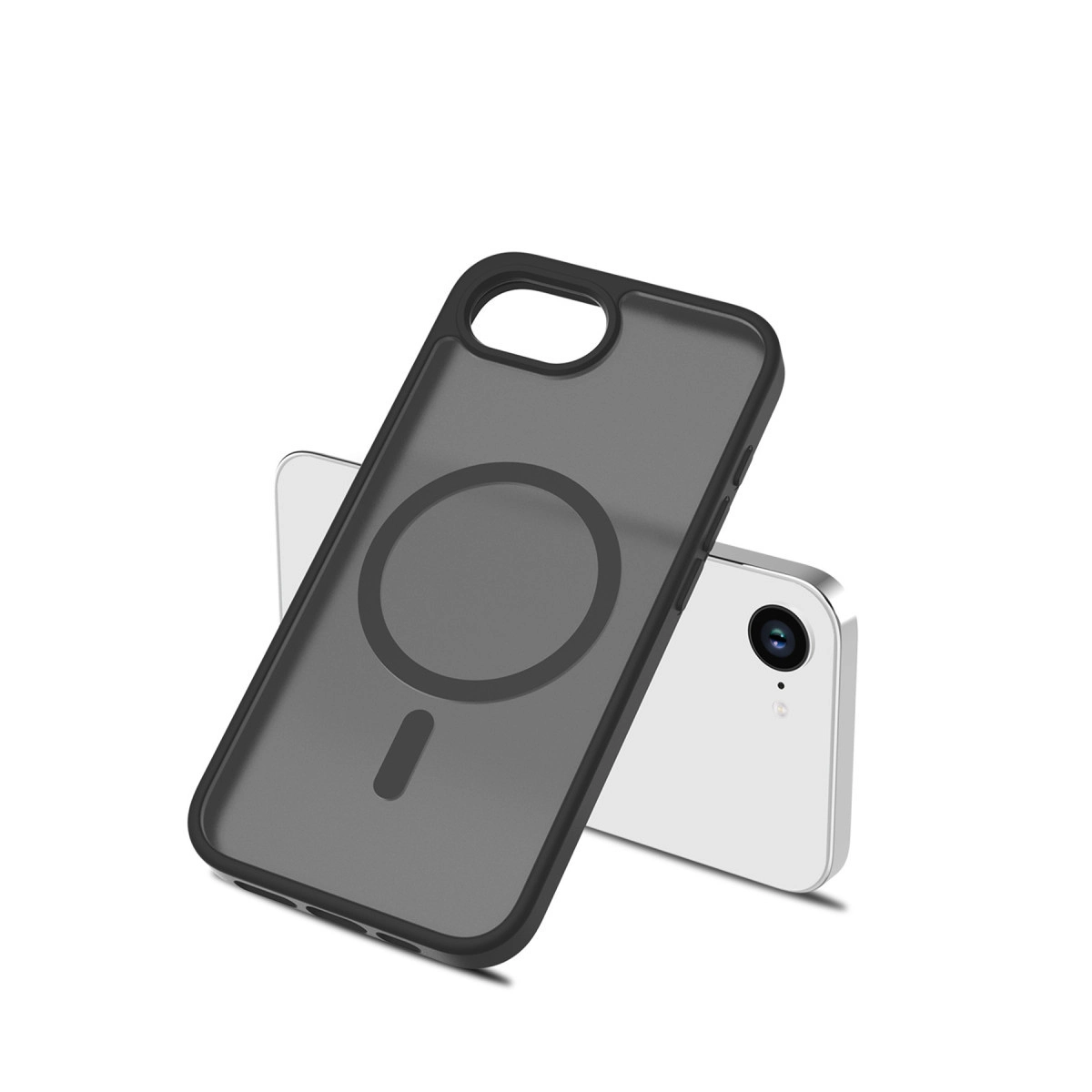 Beyaz telefon üzerinde manyetik halkalı siyah telefon kılıfı.