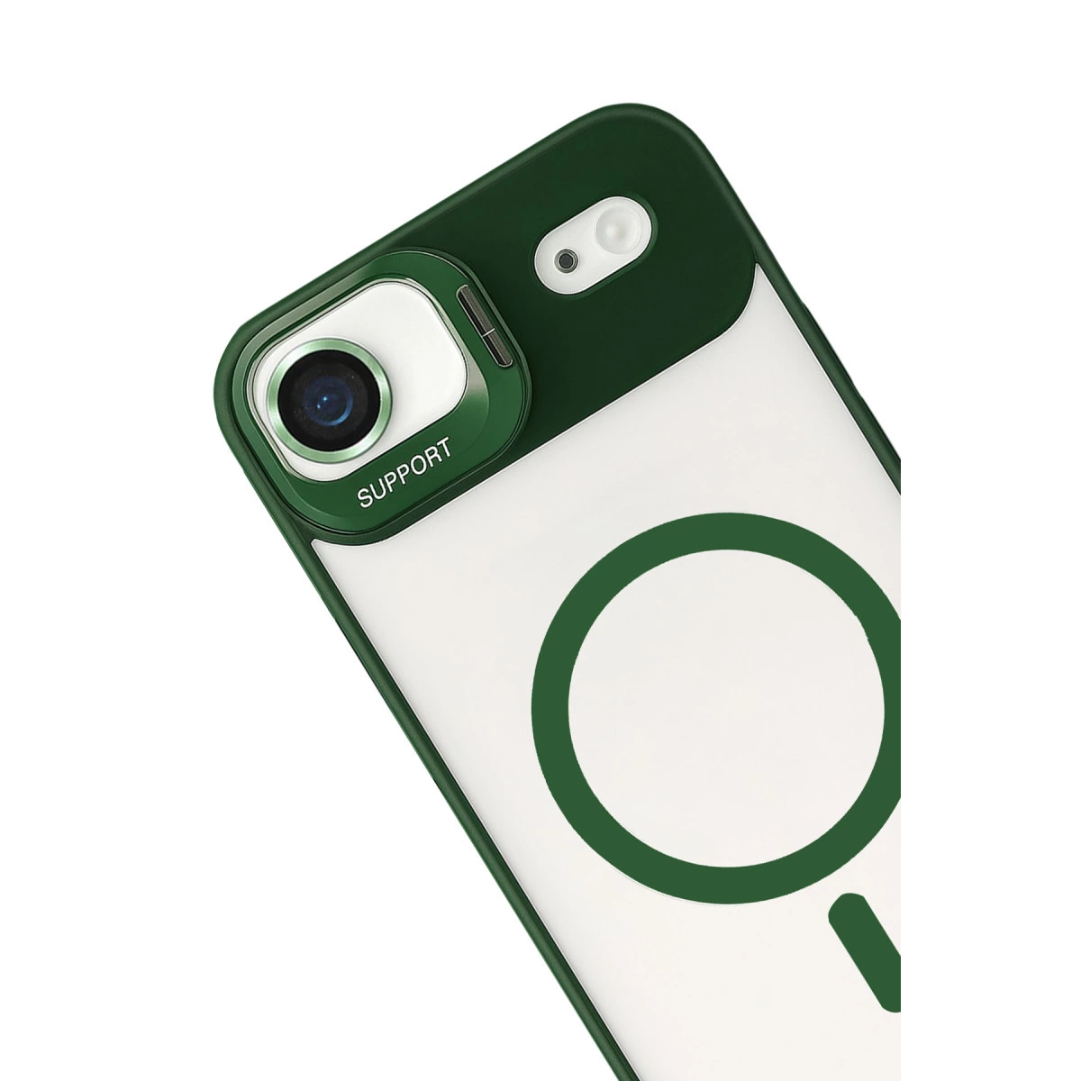 Kamera lensli ve beyaz halka tasarımlı yeşil telefon kılıfı.