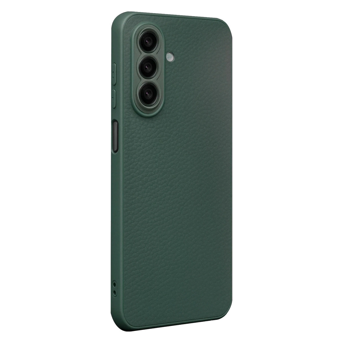 Doku kaplamalı, üç lensli koyu yeşil telefon kılıfı.
