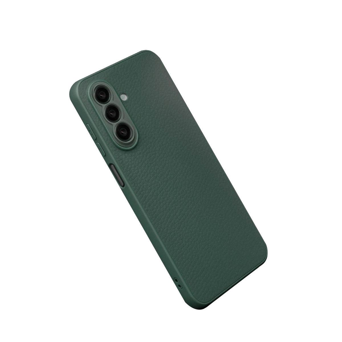 Üçlü kamera lensli ve dokulu yüzeyli koyu yeşil telefon kılıfı.