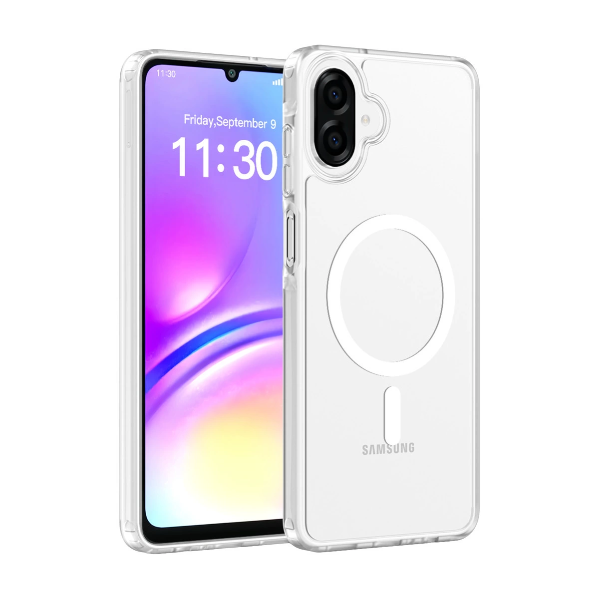 11:30 gösteren bir akıllı telefonda manyetik halkalı şeffaf telefon kılıfı.