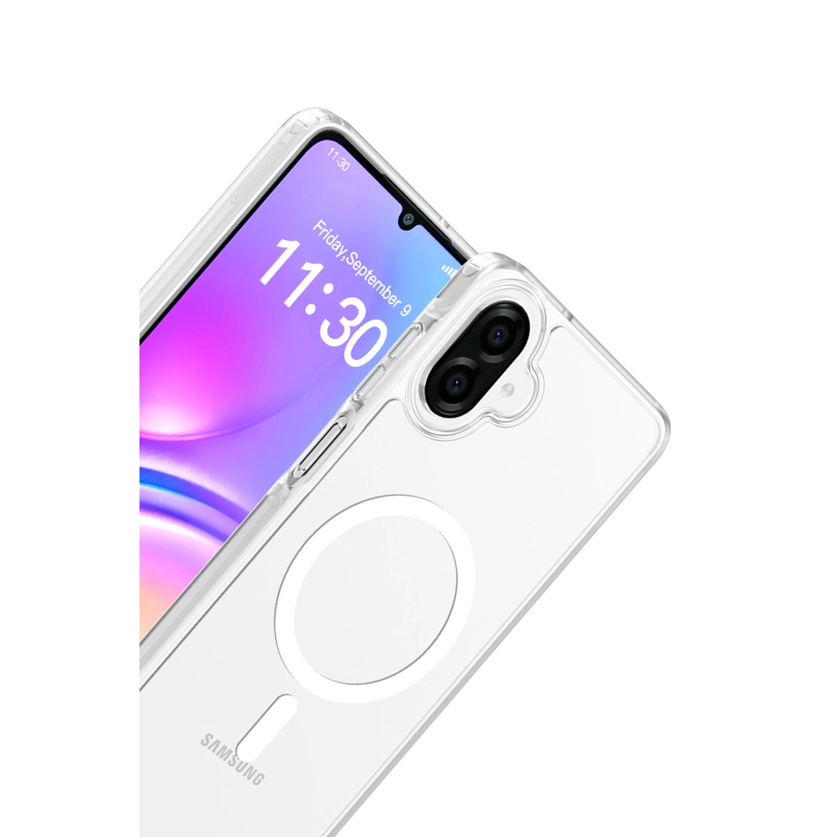 Mıknatıslı halka ve Samsung logosuna sahip şeffaf telefon kılıfı.